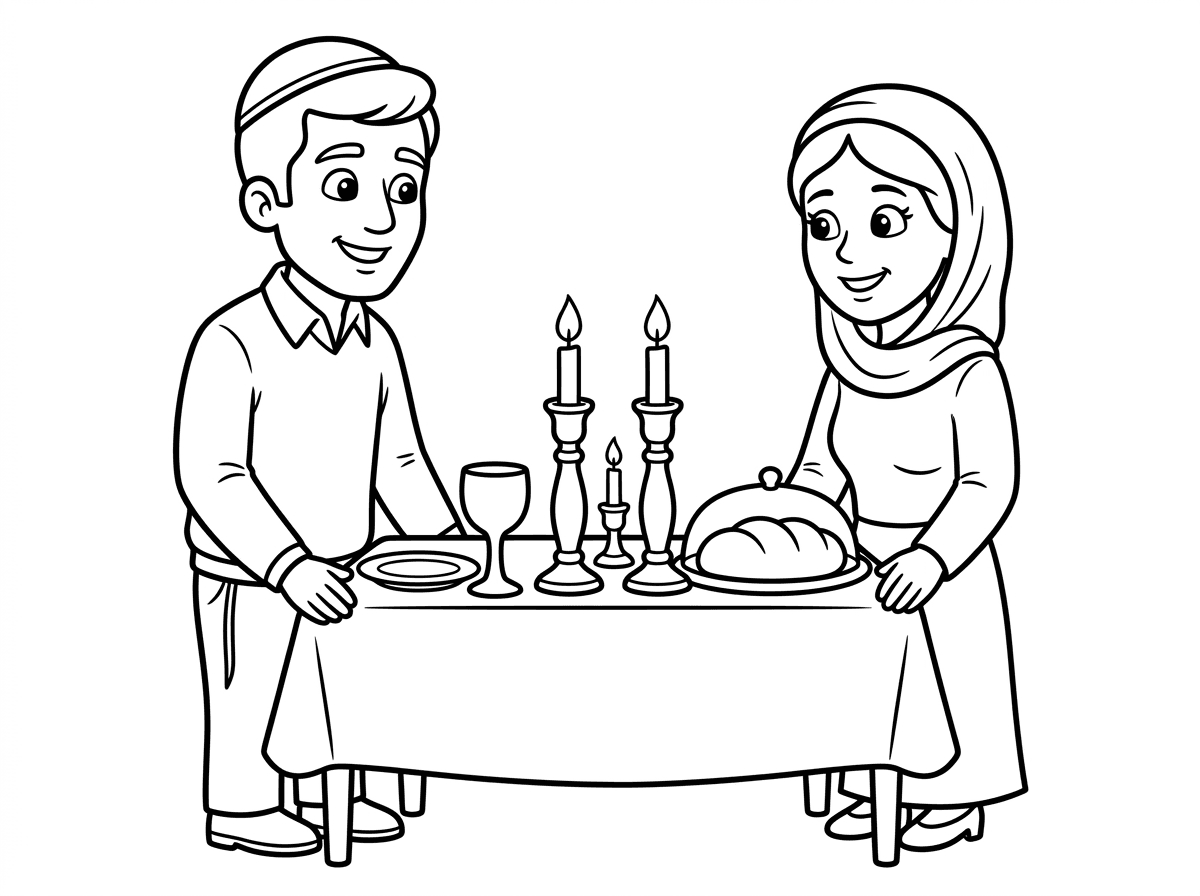 צור לי ציור לצביעה של אבא ואמא של שבת עומדים ליד שולחן שבת עם גביע ללא רגל, 2 פמוטים גדולים ופמוט אחד קטן