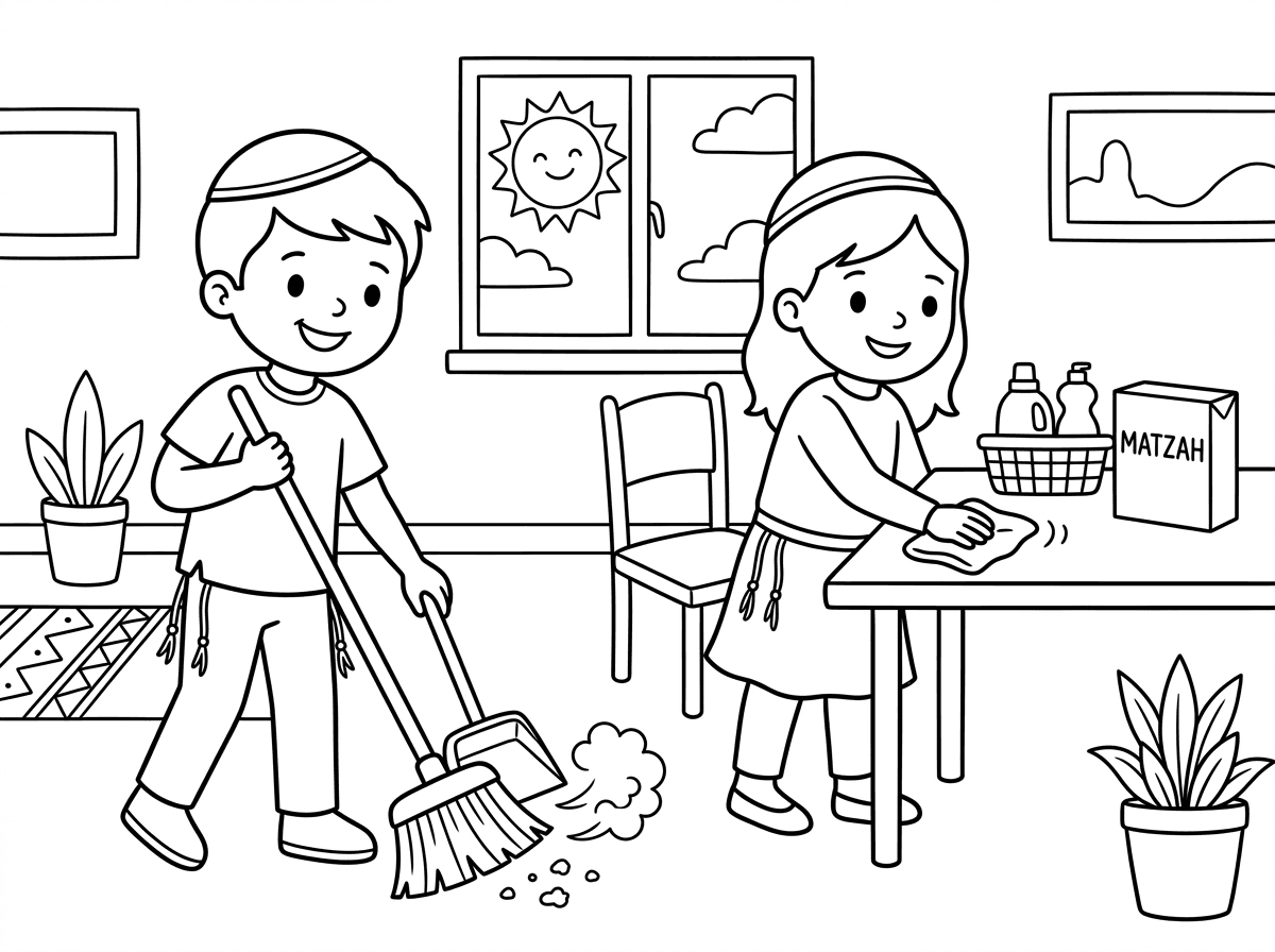 תכין לי דף צביעה של שני ילדים שמנקים את הבית לפסח. עם כיפה וציציות.