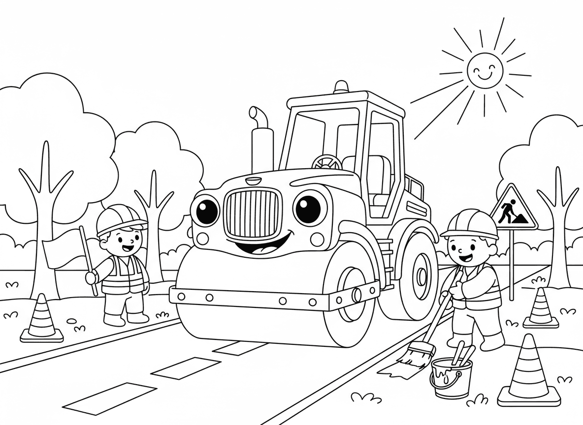 מכבש כביש מישר כביש - מכבש כביש גדול עם פרצוף ידידותי מישר כביש חדש, פועלים מכוונים, אספלט טרי, סימוני כביש נצבעים, קונוסי תנועה, שלטי דרך, עצים לאורך הכביש החדש, שמש זורחת