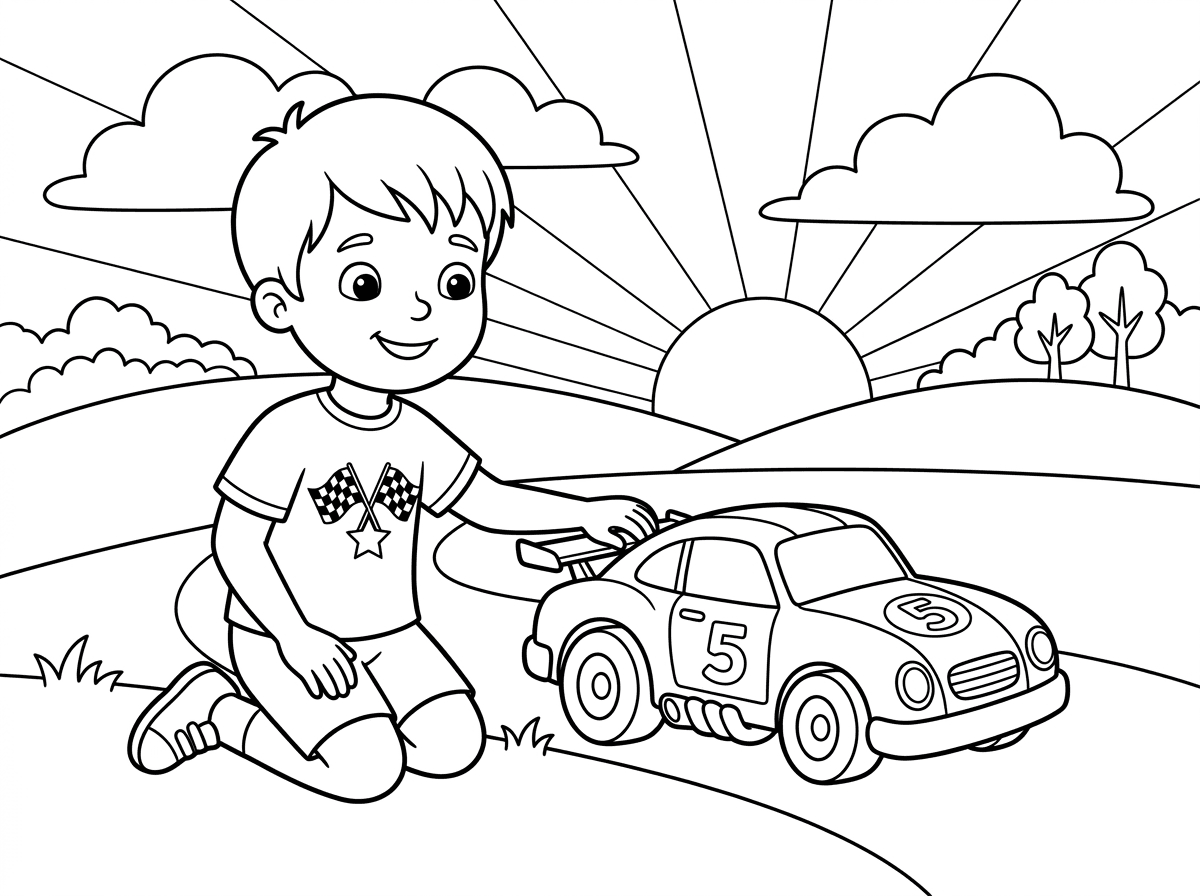 אני רוצה ציור של ילד שמשחק עם מכונית מרוץ וברקע יש שקיעה יפה