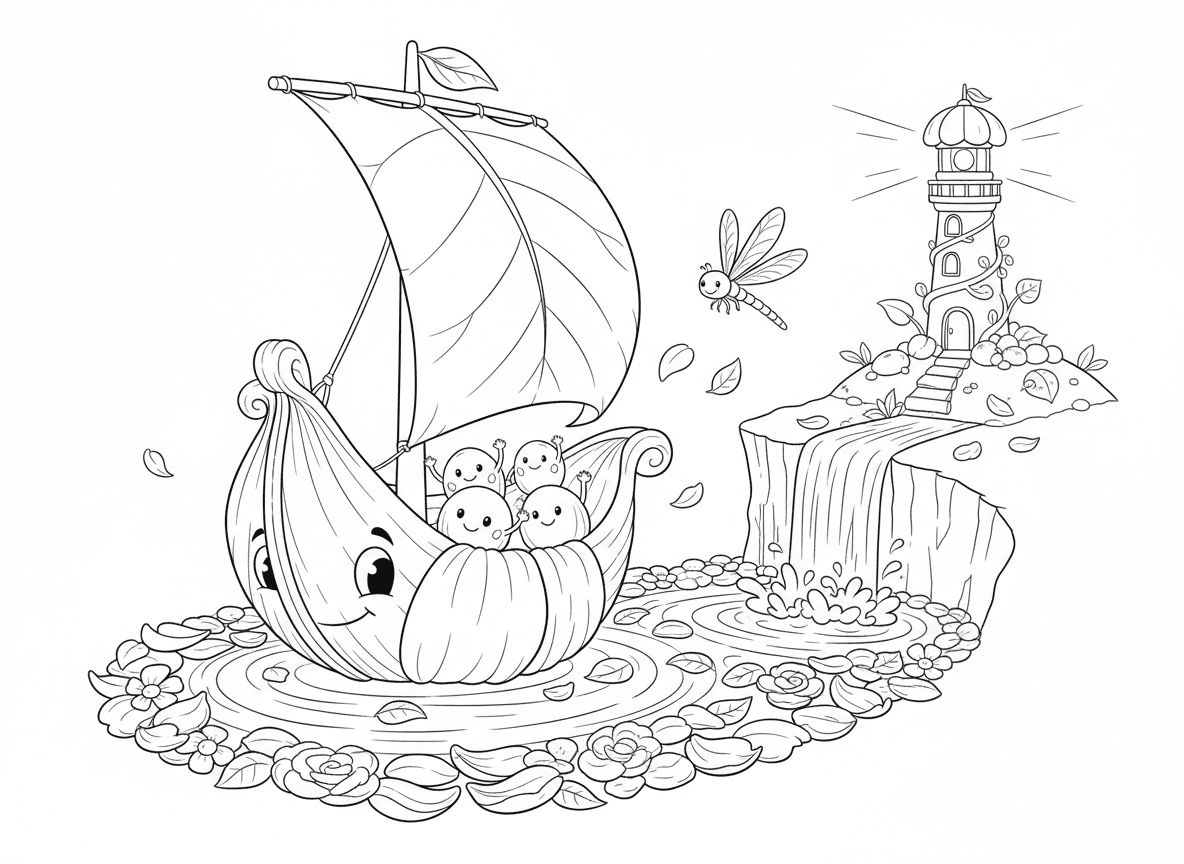 סירת פרח שטה על נהר עלי כותרת - סירה עשויה מפרח גדול שטה על נהר עלי כותרת צפים, מפרש עלה תופס רוח, תורן גבעול, נוסעי זרעים, ליווי שפיריות, מפל עלי כותרת מלפנים, מגדלור פרח