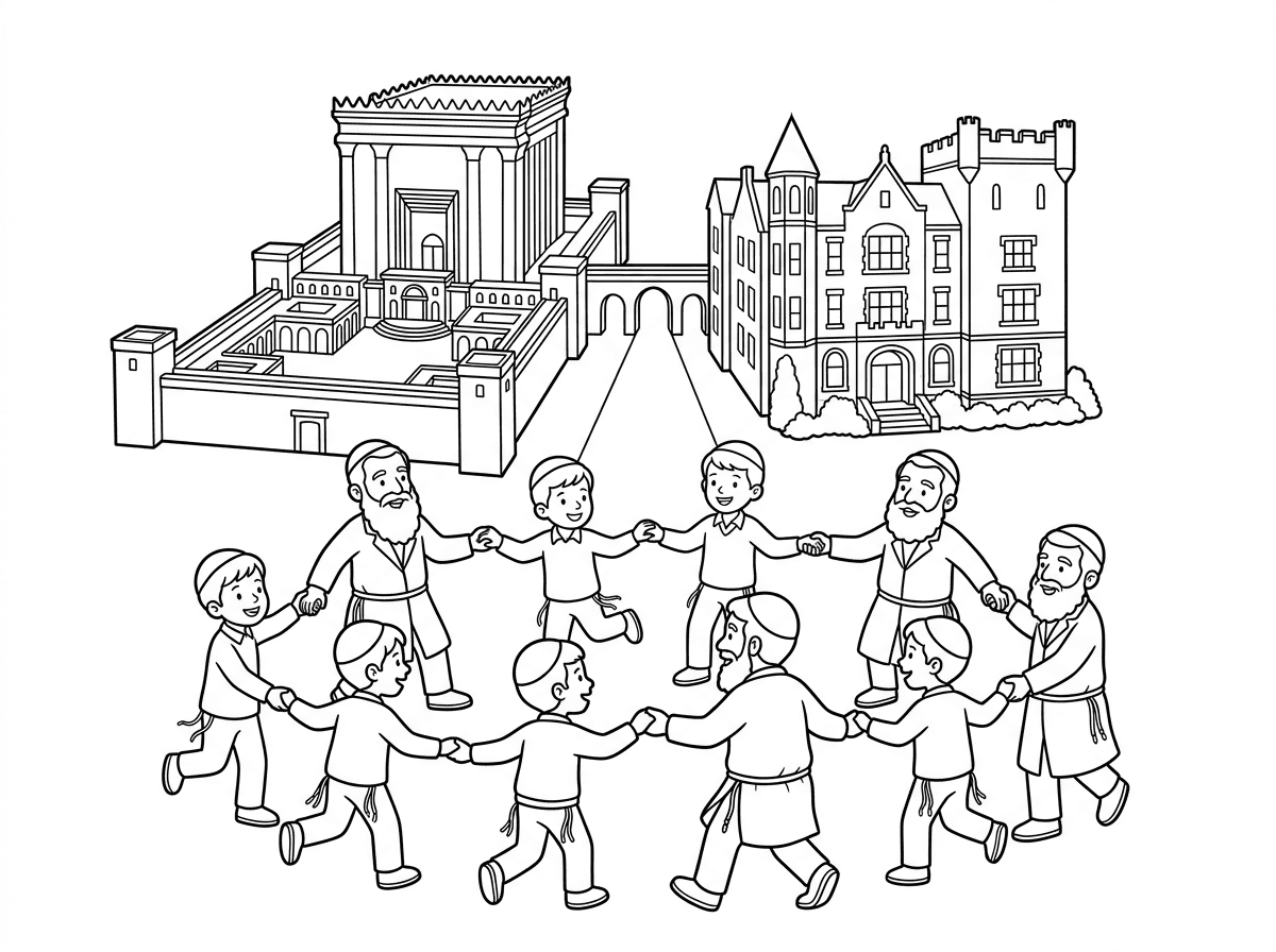 תצייר לי את בית המקדש ו770 מחוברים ובנים עם כיפות וציציות ביחד עם אנשים עם זקנים מלאים וכיפות רוקדים במעגלים