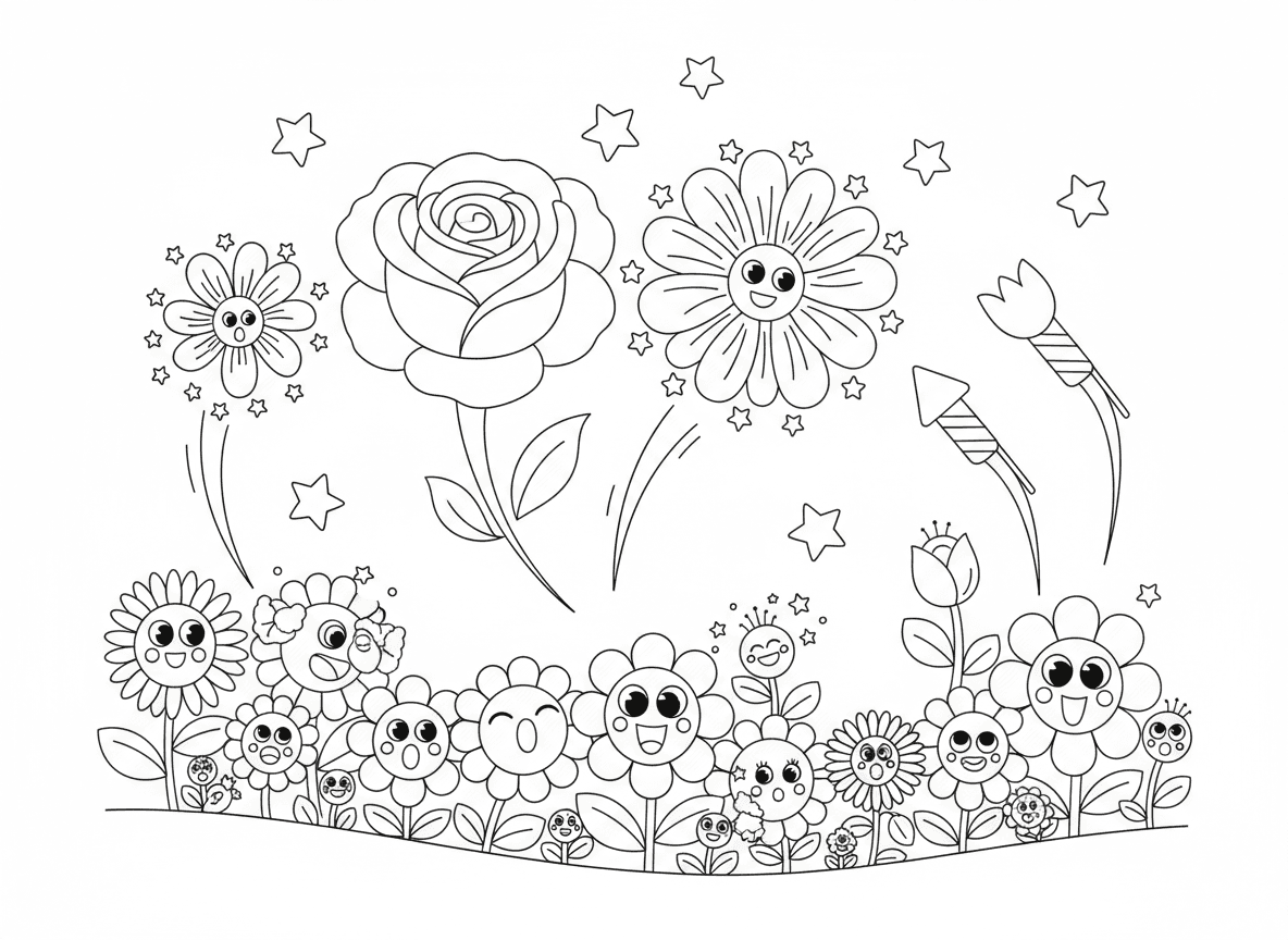 מופע זיקוקי פרחים - שמי לילה מלאים בזיקוקים שמתפוצצים לצורות פרחים, פיצוצי ורדים, התפרצויות חינניות, רקטות צבעונים, קהל פרחים צופה מלמטה, פרצופי פרחים נדהמים, שמי כוכבים