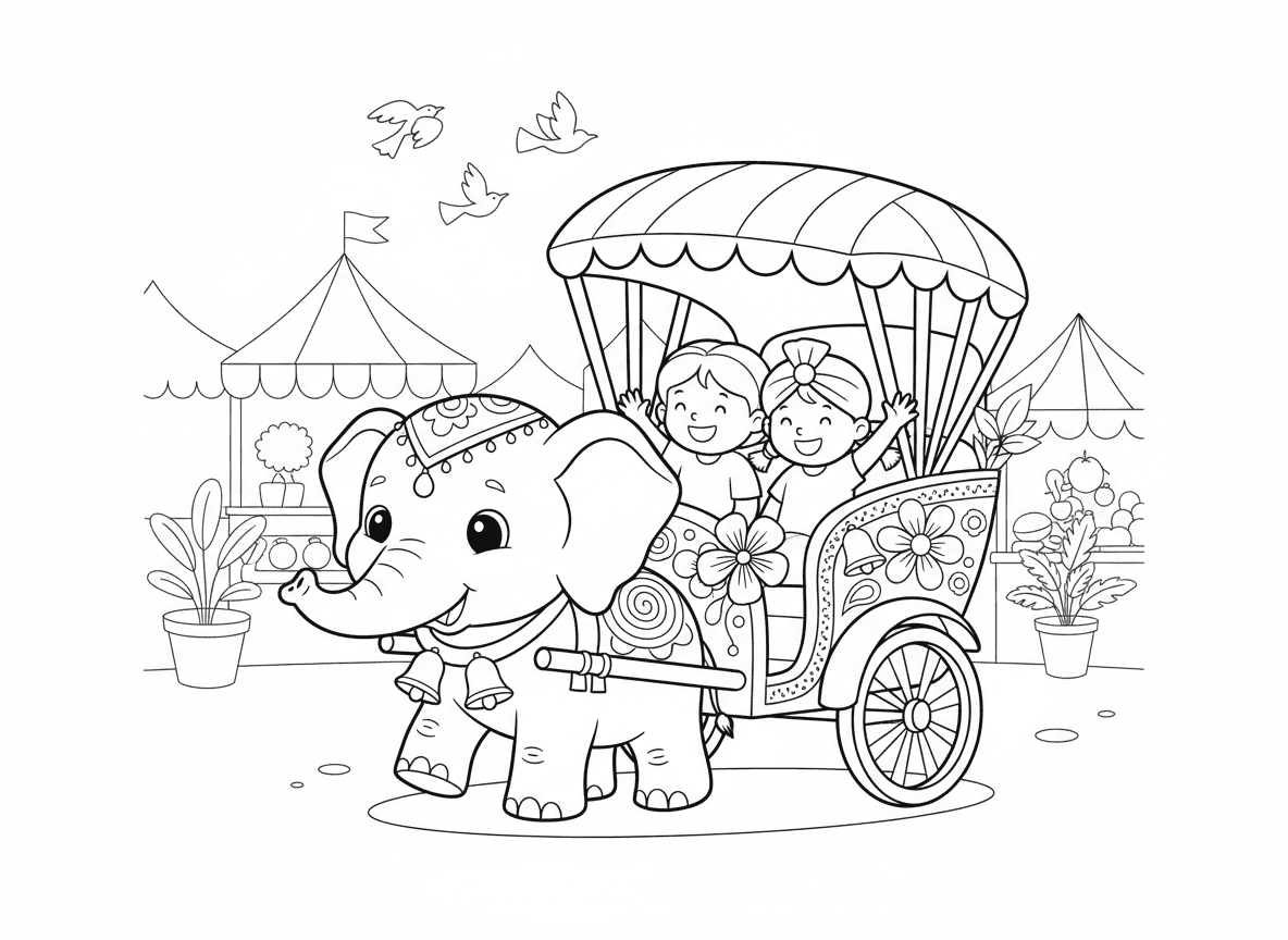 ריקשה שמושכת פיל ידידותי - ריקשה מקושטת שנמשכת בעדינות על ידי פיל קטן וחמוד, נוסעים מנופפים, פרחים ופעמונים מקשטים את הריקשה, סוכך צבעוני, דוגמאות הודיות, רחוב שוק, ציפורים עפות