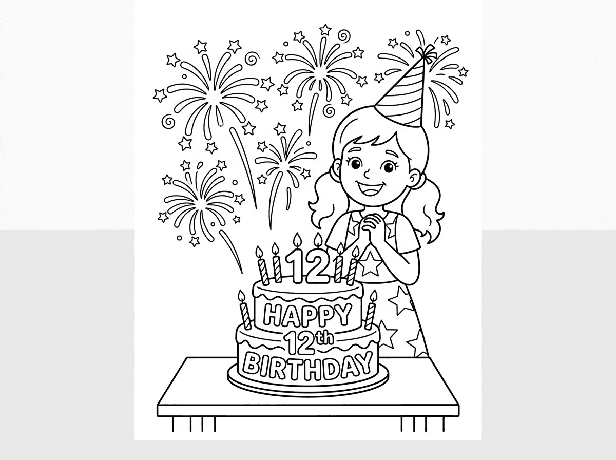 הכן לי דף צביעה של ילדה שחוגגת יום הולדת 12 עם עוגה יפה וזיקוקין