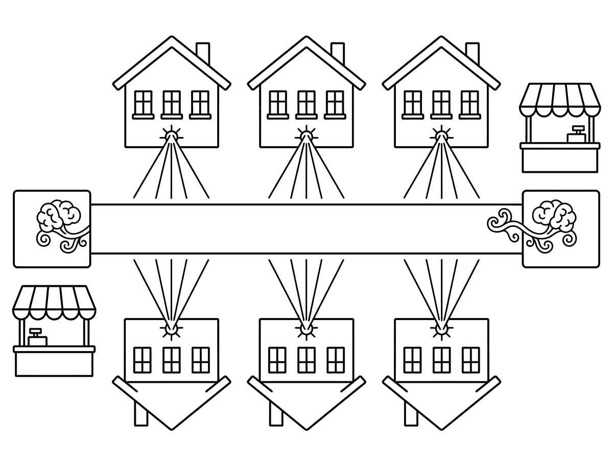 צור לי דף צביעה שבו מסלול ישר מצד ימין לצד שמאל. בתחילת המסלול, בצד ימין יש ריבוע שיוצא ממנו בריינרוט. בסוף המסלול, בצד שמאל יש גם ריבוע שנכנס אליו בריינרוט. בצידי המסלול, מלמעלה ומלמטה יש בתים. 3 בתים למעלה ו 3 בתים למטה. הבתים בלי דלת, עם לייזר שיוצא מתחתית כל בית. יש בכל בית 3 חלונות. בצד של כל מסלול (בצד ימין ובצד שמאל) יש חנות שנראית כמו דוכן בשוק.