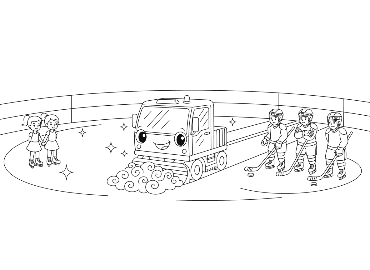 זמבוני מנקה את משטח ההחלקה - זמבוני עם פרצוף שמח מנקה משטח החלקה על קרח, קרח נקי ומבריק מאחוריו, גולשות אמנותיות ממתינות בצד, שחקני הוקי חסרי סבלנות, שבבי קרח נערמים, משטח נקי ונוצץ