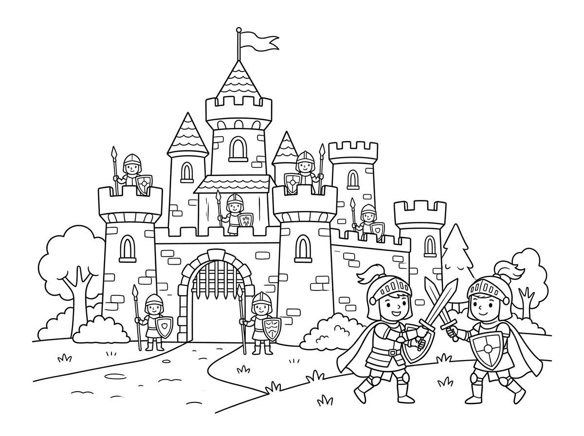 תיצור לי ציור של טירהעם שומרים ו2 אנשים נלחמים ליד תעשה שכל הציור יהיה בסגנון ימי הביניים תיצור אותו מאוד מורכב ומפורט