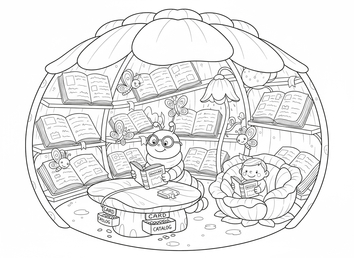 ספריית פרחים עם דפי עלי כותרת - ספרייה מפנקת בתוך פרח ענק, מדפי ספרים מגבעולים, ספרים עם דפי עלי כותרת, פינת קריאה בתוך ורד, זחל ספרן, סימניות פרפרים, מנורה מפרח זוהר, קטלוג כרטיסי זרעים