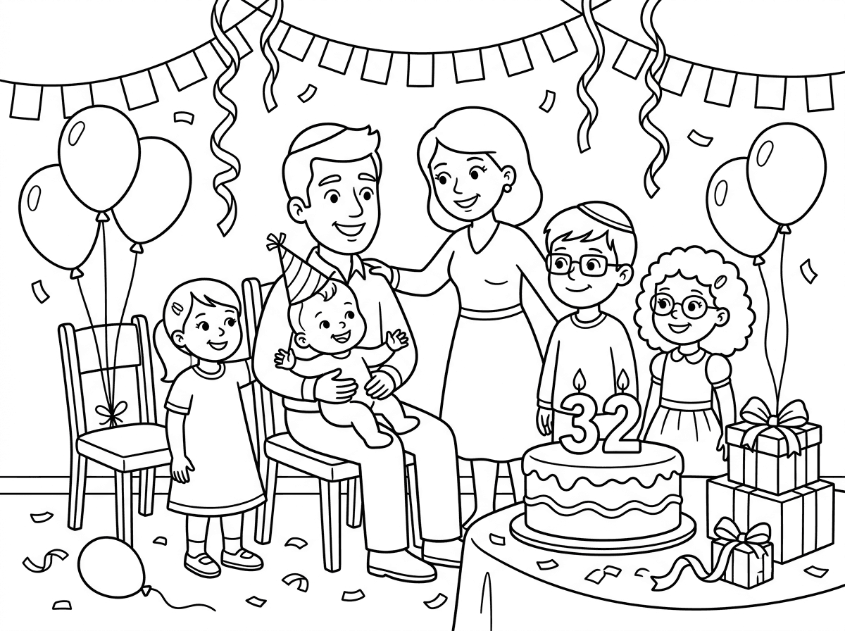 תצייר  דמויות של משפחה של 5 אנשים הורים, אח גדול עם משקפיים וכיפה, אחות עם שיער מתולתל ומשקפיים בשמלה ותינוקת חוגגים יום הולדת לאבא יום הולדת 32 בסגנון מצויר של פיקסאר שיהיה מסביב פריטים של יום הולדת כמו עוגה קישוטים ובלונים בקווים פשוטים לילדים קטנים