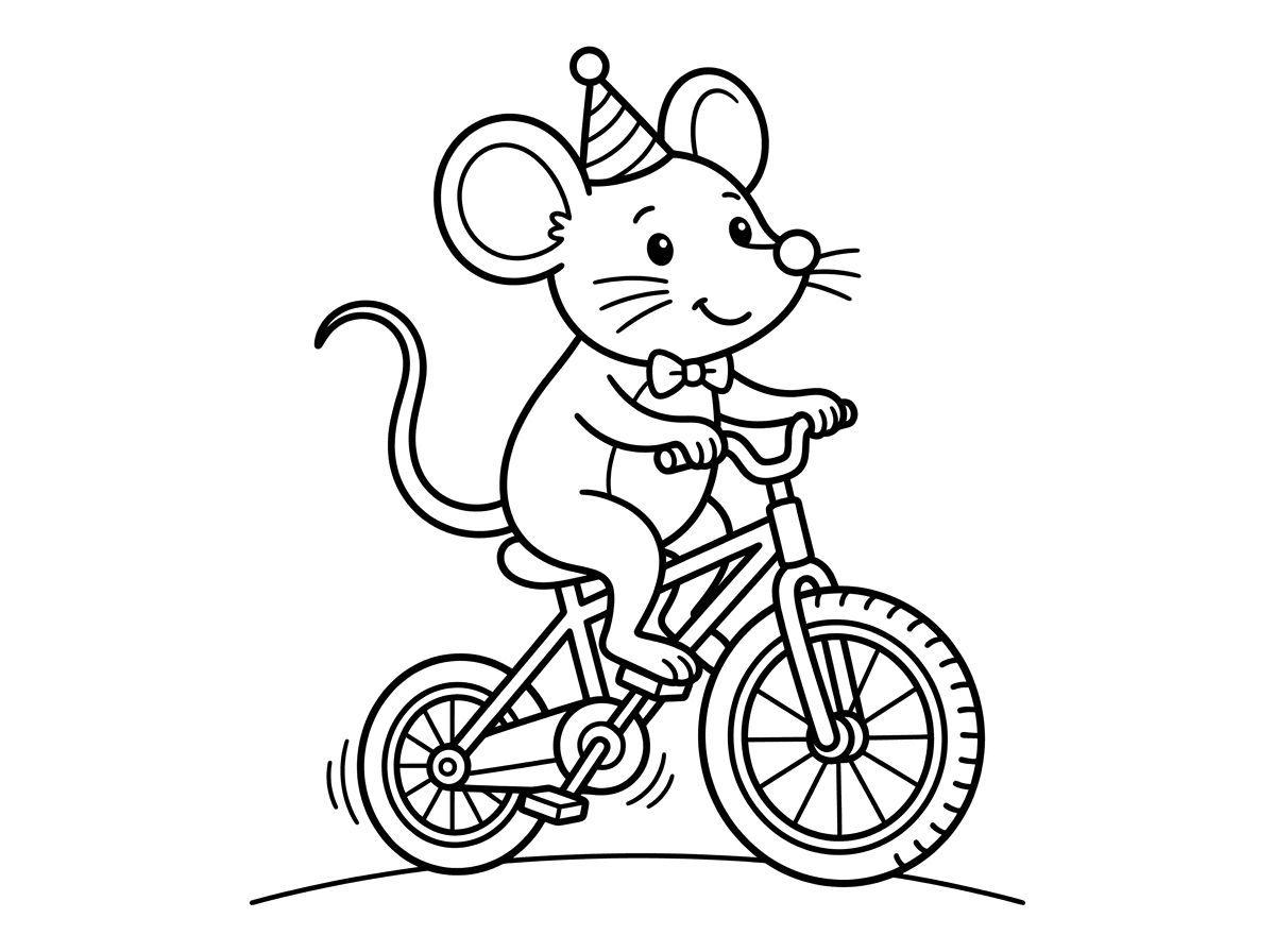 דף צביעה של עכבר שרוכב על חד אופן