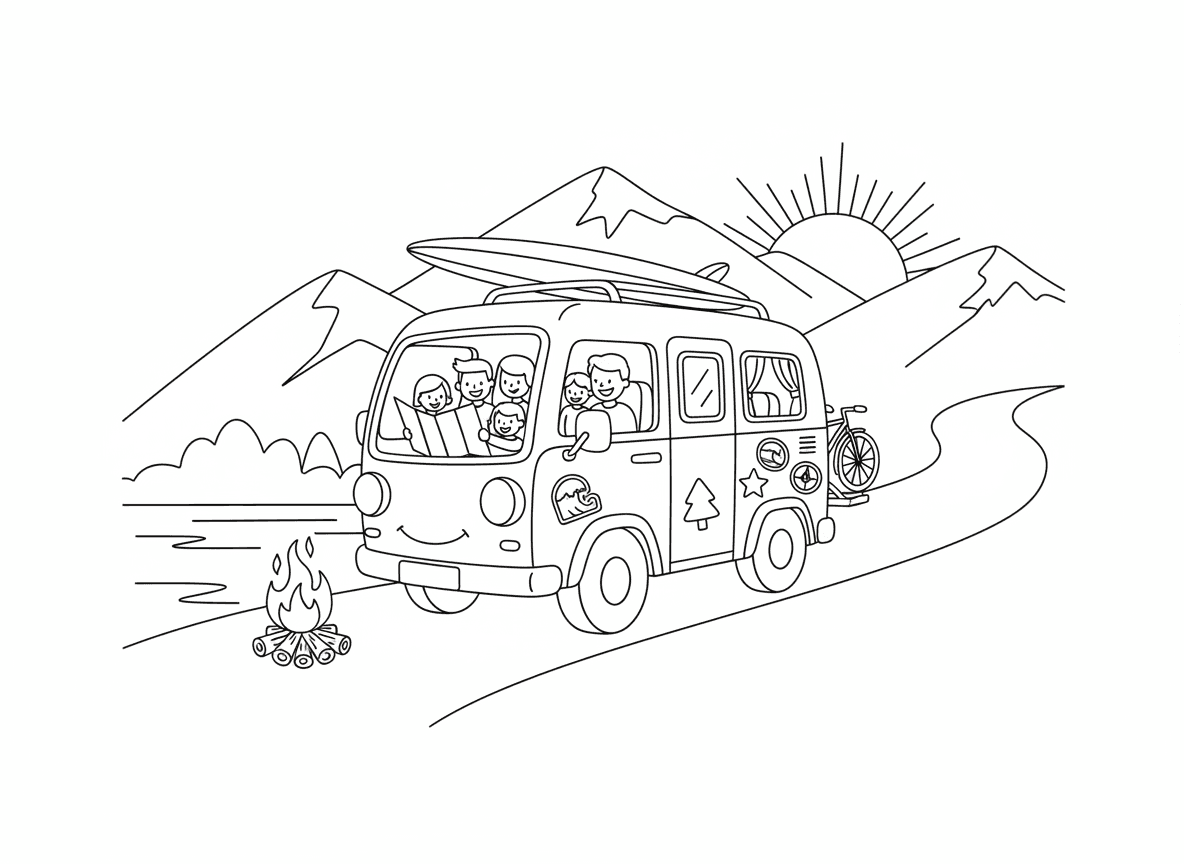 הרפתקת טיול בקרוואן - קרוואן צבעוני בטיול כבישים דרך הרים, גלשן על הגג, אופניים מאחור, משפחה מסתכלת על מפה, מדורה מוכנה בקרבת מקום, נוף אגם, הרים, שקיעה, מדבקות הרפתקאות על הקרוואן