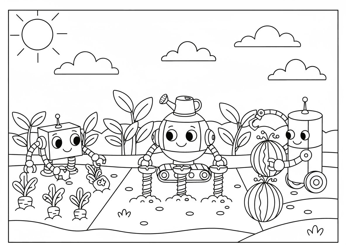 גן ירק של רובוטים
רובוטים שותלים ברגים, מגדלים גזר בצורת מפתח ברגים, וקוצרים אבטיחים עם אנטנות.