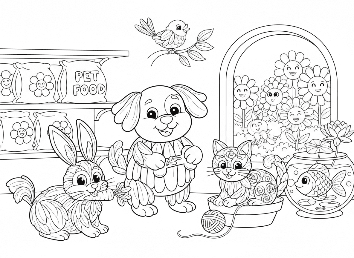 חנות חיות מחמד מפרחים - חנות חיות מוכרת חיות מחמד פרחים, גור עשוי חינניות, חתלתול עשוי ורדים, ארנב עשוי צבעונים, ציפור עשויה סחלבים, דג עשוי שושנות מים, מזון חיות פרחים משקי זרעים