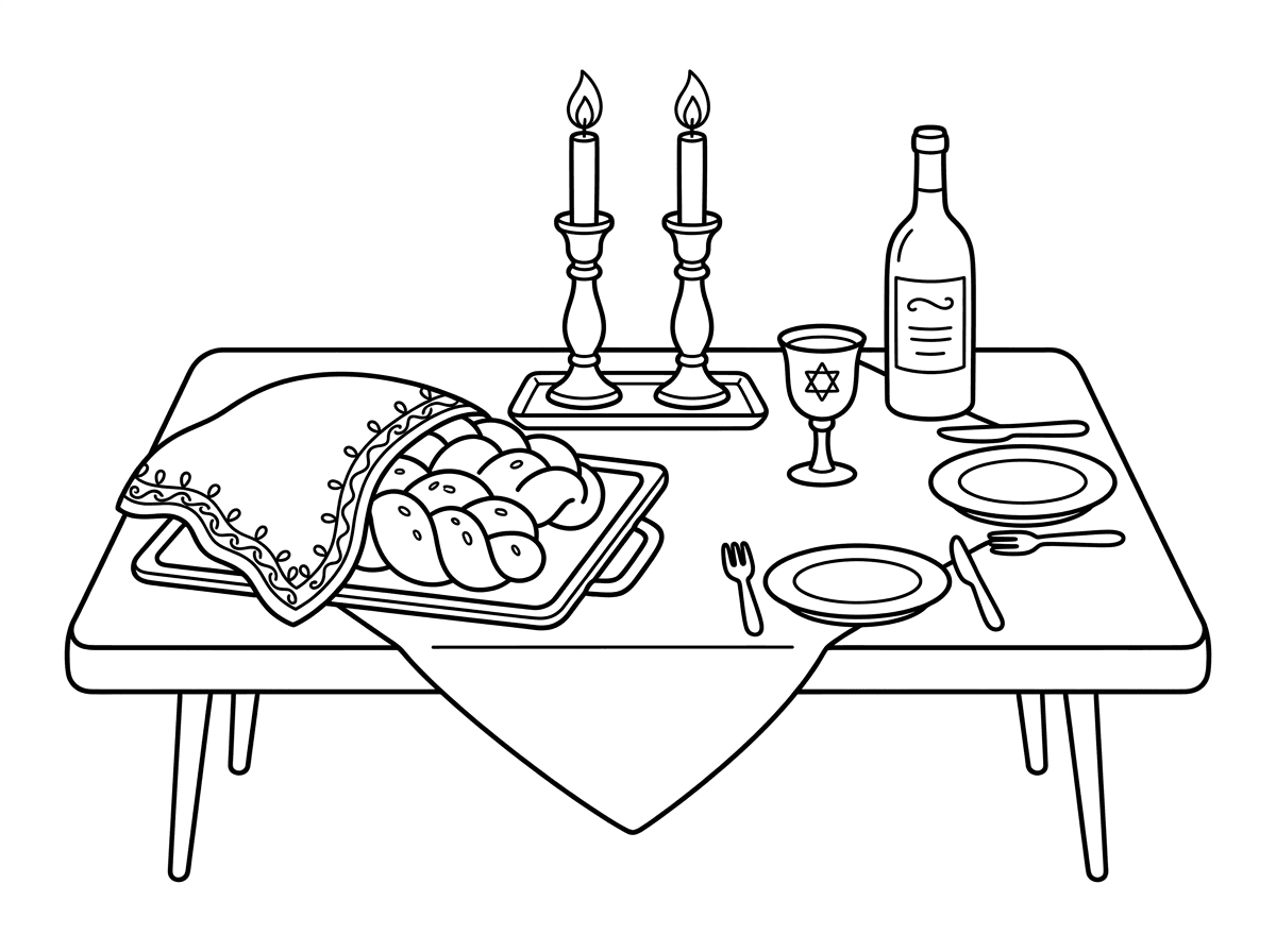 אני רוצה דף צביעה של שולחן ערוך לשבת עם נרות, חלה וכיסטי חלה יין וגביע