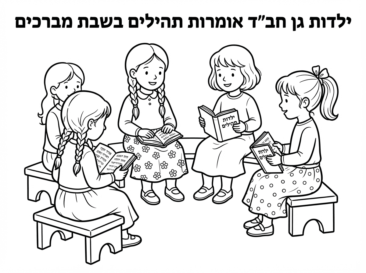 ילדות יושבות ואומרות תהילים

לילדות יש שמלות חגיגיות וצנועות שרוול ארוך ומכסה את הברך

חלק בנות עם צמות חלק עם שיער קצר חלק עם קוקו

וכתוב
ילדות גן חב״ד
אומרות תהילים בשבת מברכים