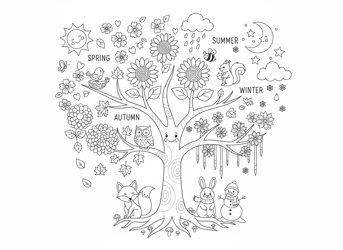 עץ פרחים ארבע עונות - עץ קסום אחד מחולק לארבעה חלקים שמראים את כל העונות, פריחת אביב, חמניות קיץ, חרציות סתיו, פרחי כפור חורף, חיות שונות בכל עונה, שמש וירח וגשם ושלג