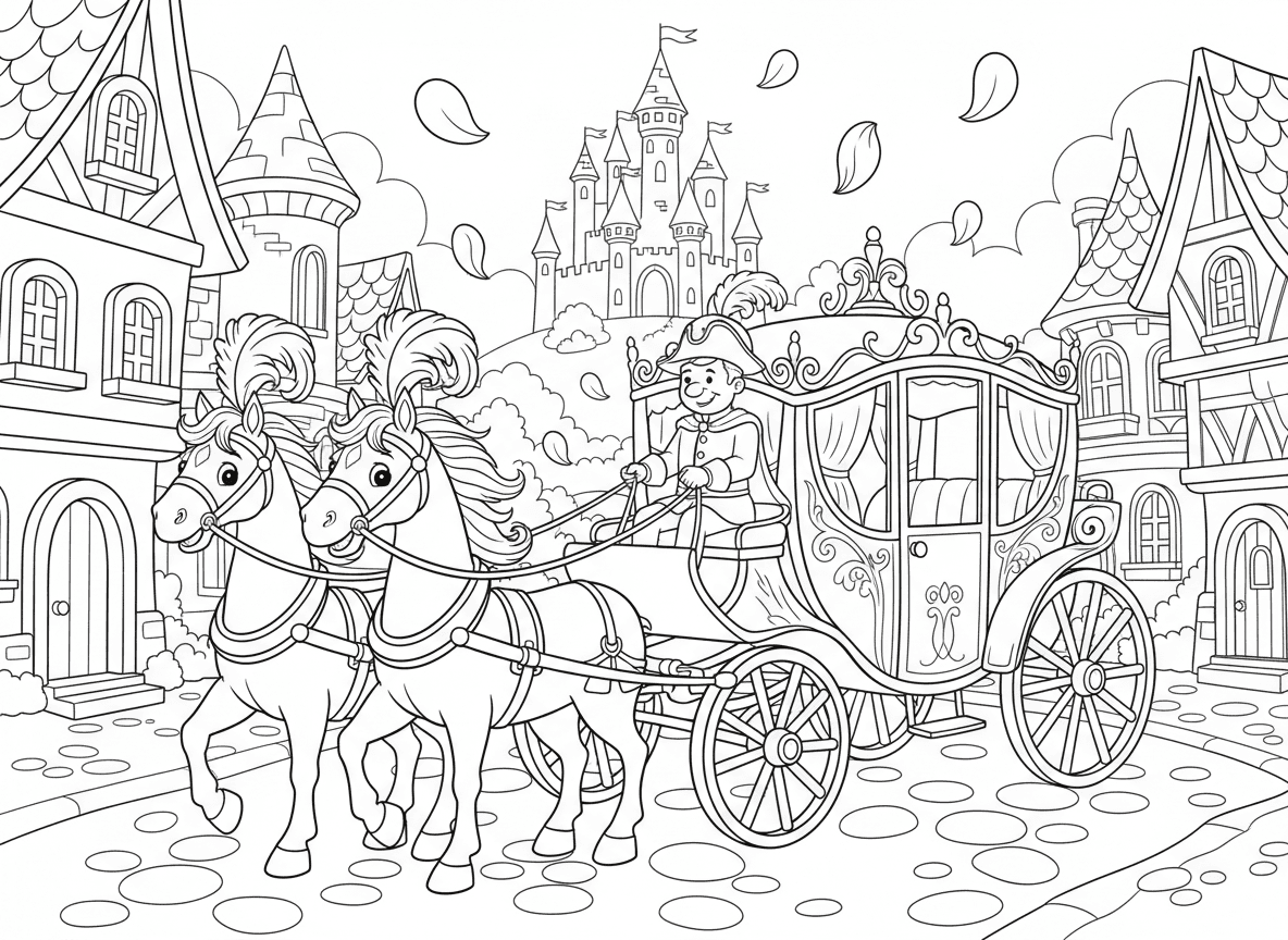 כרכרה רתומה לסוסים בעיירת אגדות - כרכרה אלגנטית רתומה לסוסים דוהרת בעיירת אגדות, שני סוסים לבנים עם נוצות, עגלון בתלבושת מהודרת, רחוב אבני ריצוף, בניינים ימי-ביניימיים, טירה על גבעה, עלי כותרת נזרקים