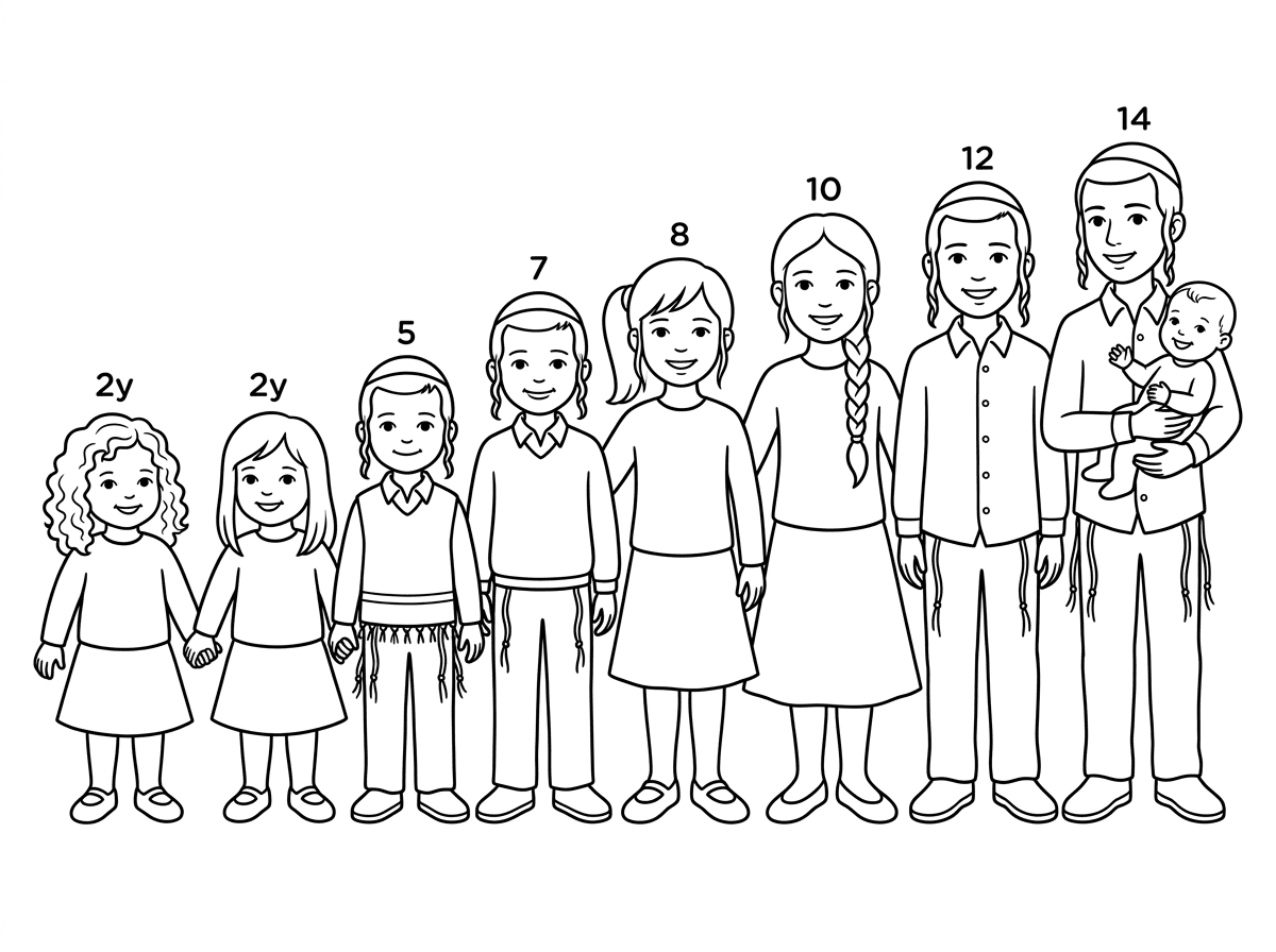 תאומות בנות שנתיים, אחת עם שיער מתולתל כהה באורך הכתפיים והשניה עם שיער בהיר חלק באורך הכתפיים, לידן ילד עם כיפה ופאות וציצית בן 5 ועוד ילד עם כיפה ופאות וציצית בן 7. לידן ילדה בת 8 עם שיער חלק כהה באורך הכתפיים אסוף לקוקו לבושה עם שרוול ארוך וחצאית, ועוד ילדה בת 10 עם צמה, לבושה בשרוול ארוך וחצאית. לידן נער בן 12 עם חולצה מכופתרת לבנה וציצית וכיפה ופאות, ולידו נער בן 14 עם חולצה מכופתרת לבנה וציצית וכיפה ופאות, מחזיק בידיו תינוקת קטנה וחייכנית.