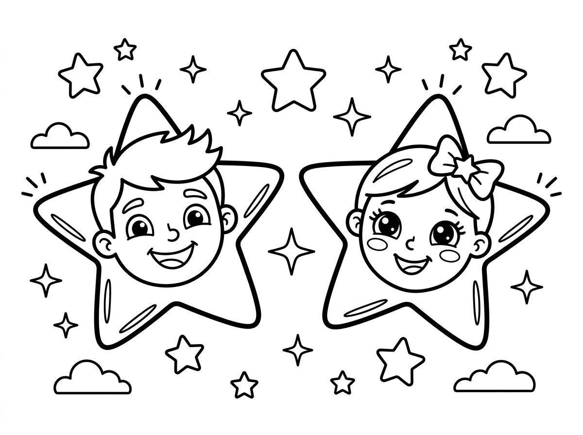 כוכב מנצנץ עם פנים של בן וכוכב מנצנץ עם פנים של בת