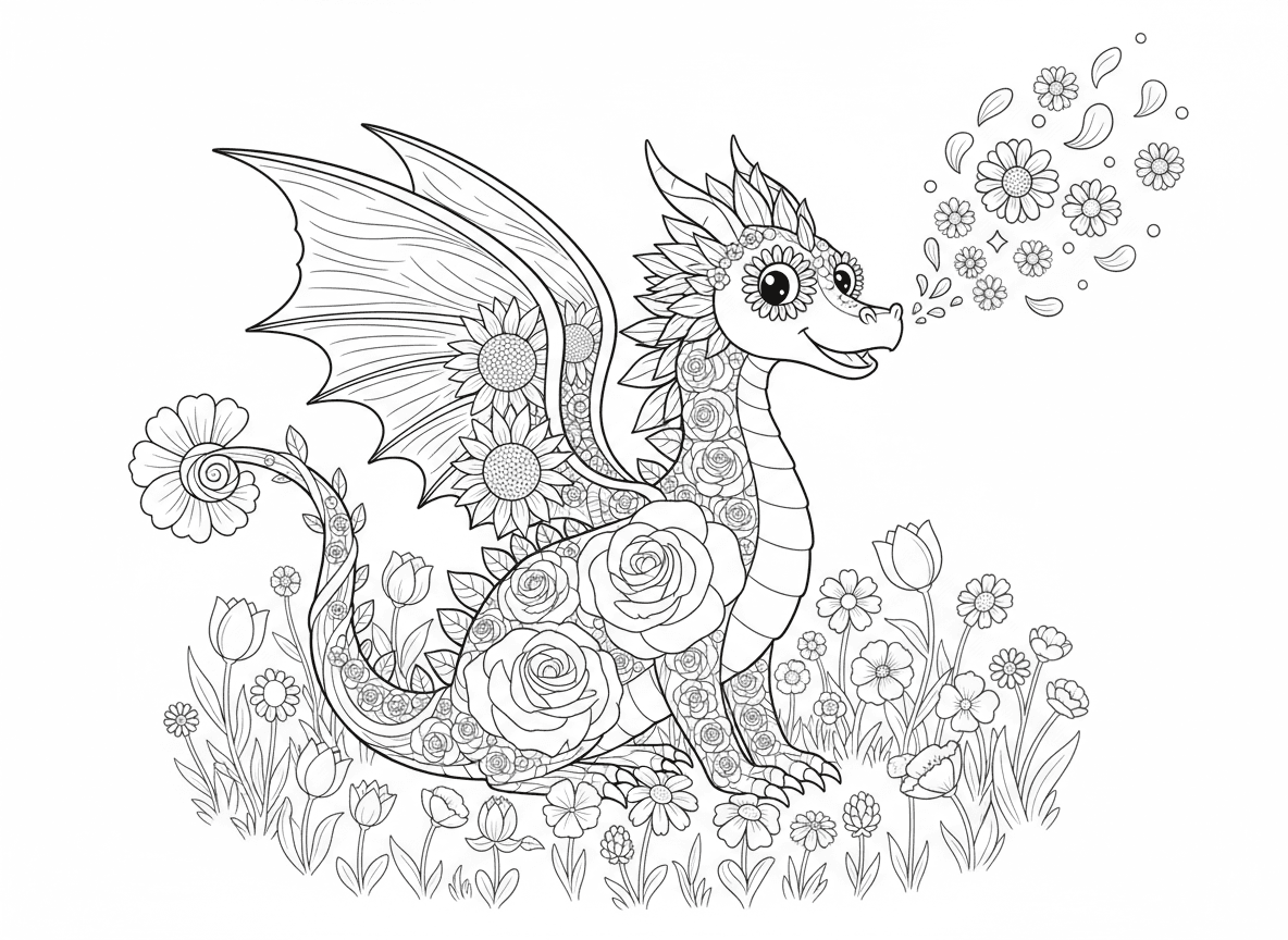 דרקון פרחים - דרקון ידידותי עשוי כולו מפרחים, גוף ורדים, כנפי עלי כותרת, זנב גפנים, עיני חינניות, נושף עלי כותרת במקום אש, קוצי חמנייה על הגב, יושב באחו פרחים