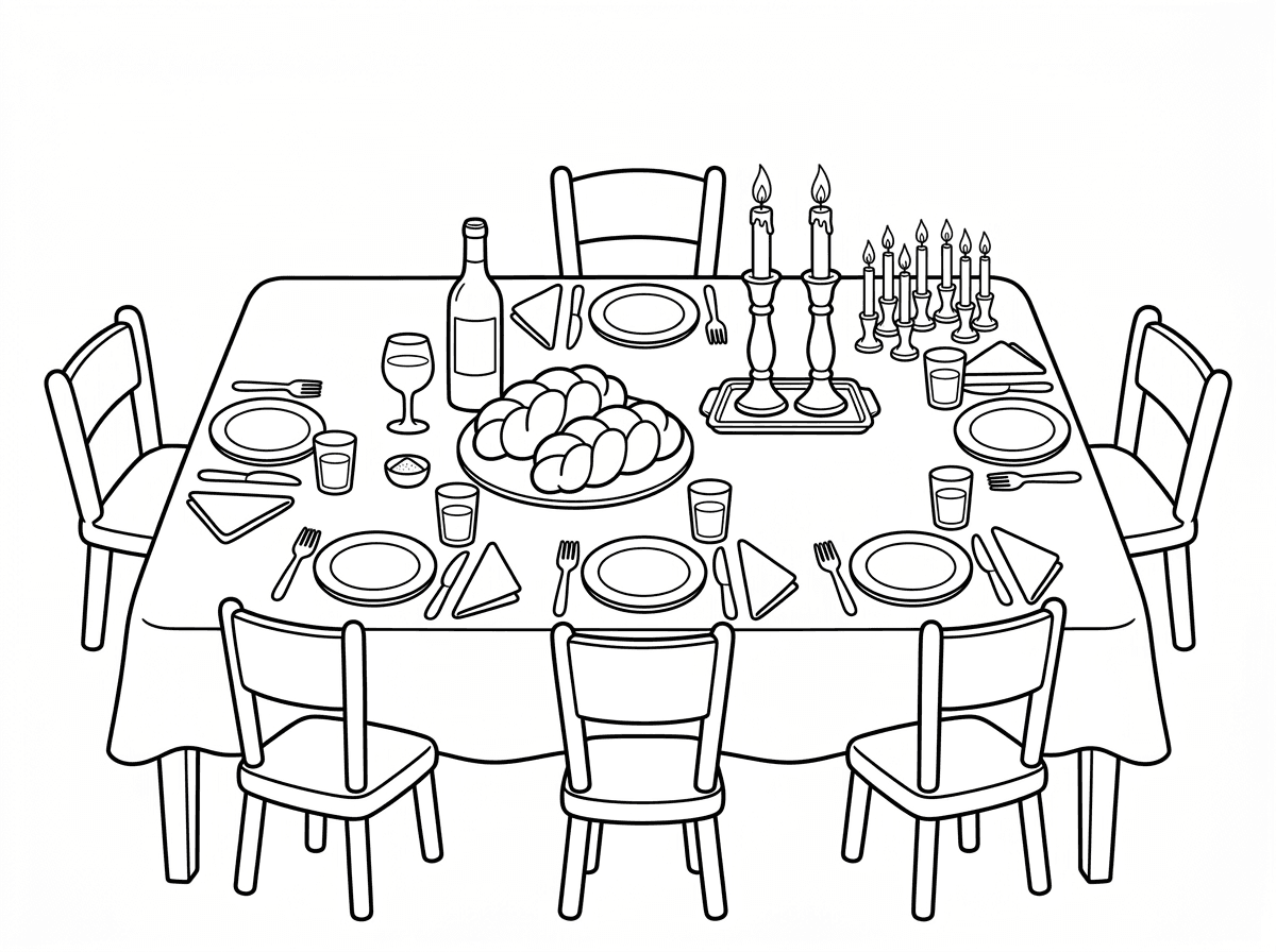 בוקר
טוב
תיצור לי בבקשה איור של 
שולחן שבת
במרכזו מפה ושתי חלות קלועות מתחתיה
בקבוק יין 
גביע ללא רגל
צלוחית למלח

סביב השולחן 7 כיסאות
ליד כל כיסא ישנה צלחת, מזלג, סכין, כוס ומפית 

על השולחן יש מגש ועליו שתי פמוטים זהים גבוהים 
ולידם שש פמוטים קטנים
על כל פמוט דולק נר