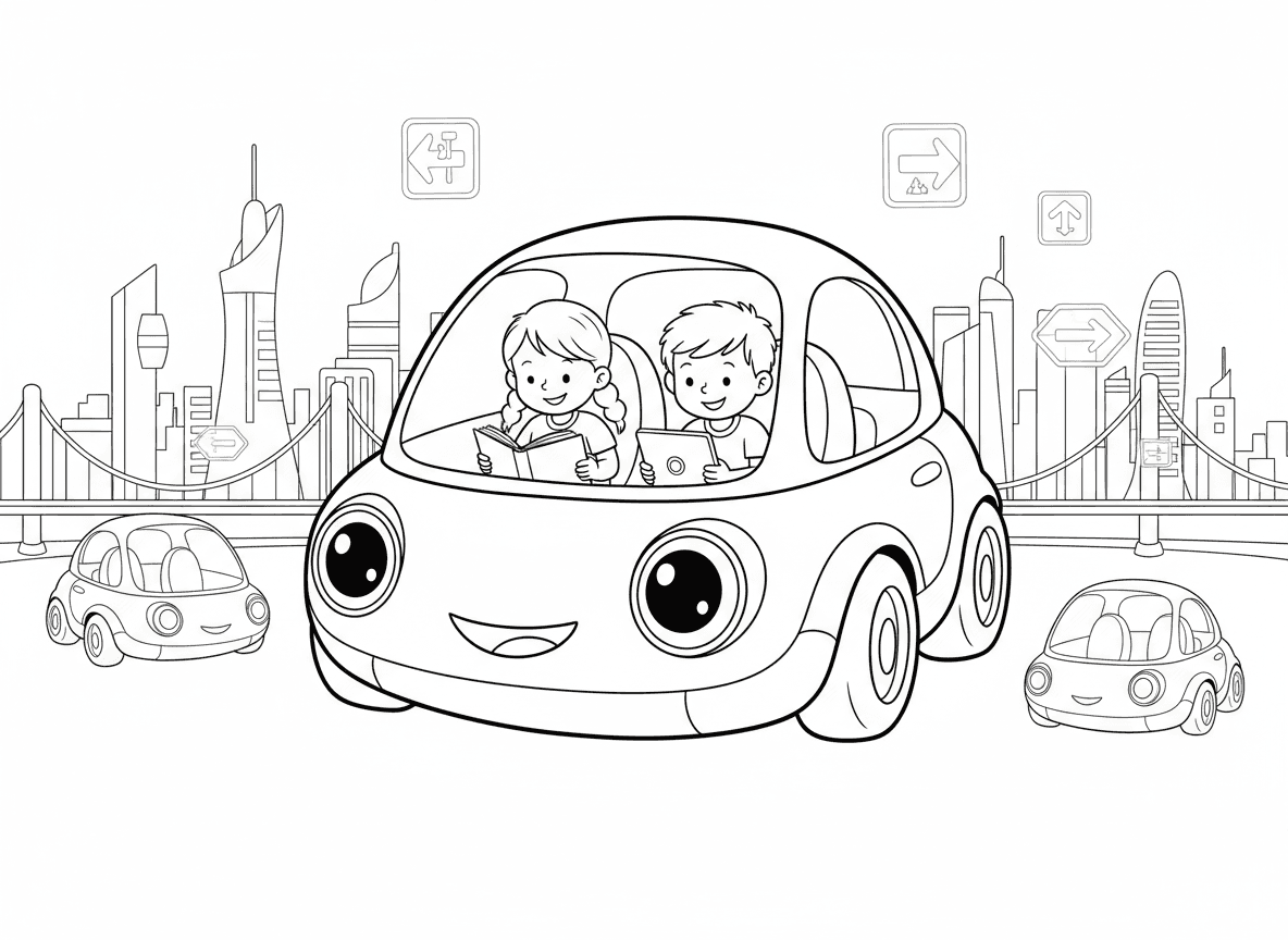 מכונית רובוט עתידנית - מכונית רובוט אוטונומית עתידנית עם עיני לד ידידותיות, בלי הגה בפנים, נוסעים קוראים ומשחקים, טסה ליד מכוניות מרחפות אחרות, עיר עתידנית, שלטי תנועה הולוגרמיים