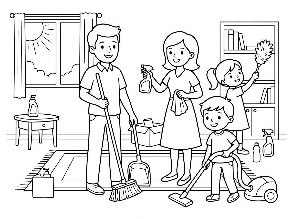 אני רוצה דף צביעה לילדים בגיל 5 עד 9 בנושא של חג פסח. הורים ילדים מנקים את הסית לחג פסח