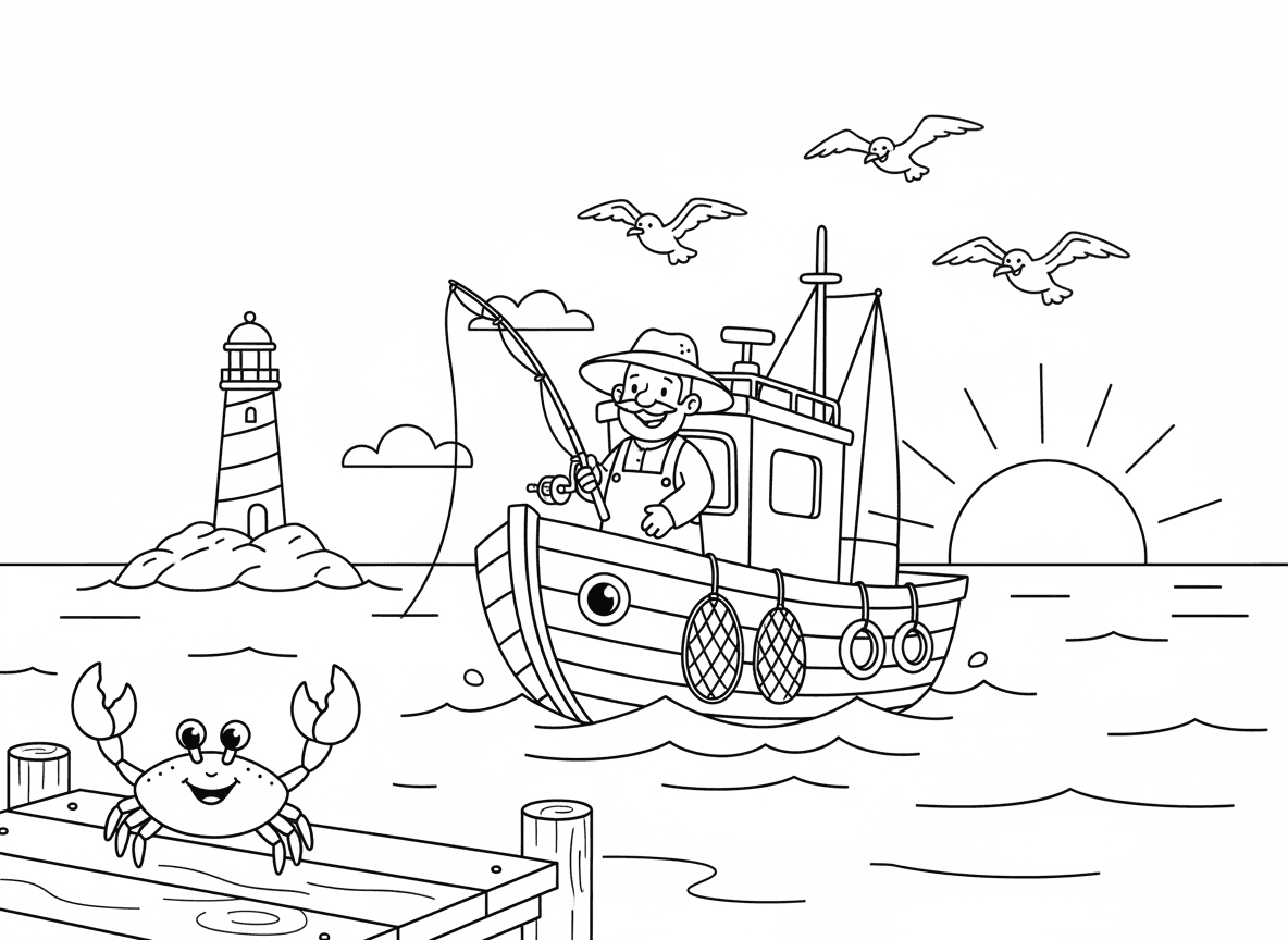 סירת דייגים בזריחה - סירת דייגים קטנה יוצאת לים בזריחה, דייג עם כובע וחכה, רשתות תלויות, שחפים עוקבים, מגדלור במרחק, מים שקטים משקפים שמיים, סרטן על הרציף מנופף לשלום