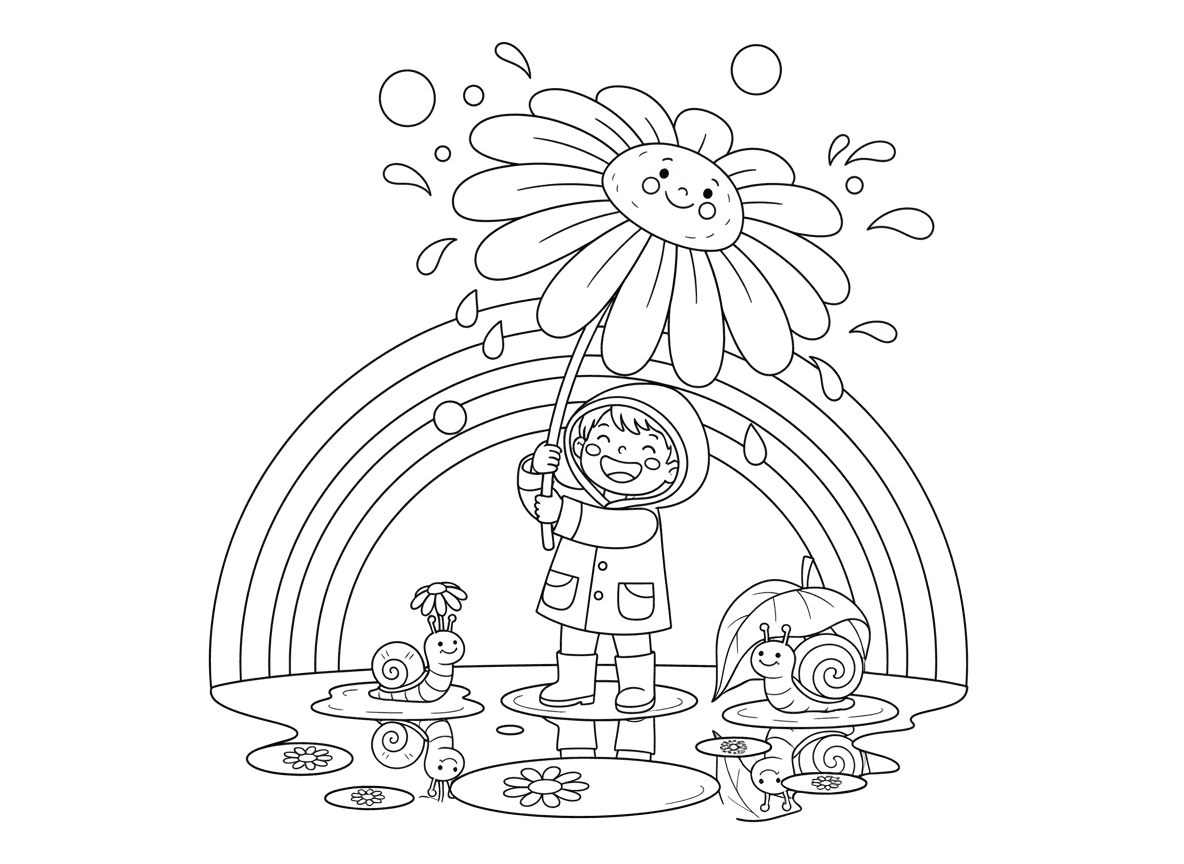 מטריית פרח בגשם - ילד מחזיק פרח ענק כמטרייה בגשם עדין, טיפות גשם קופצות מעלי כותרת, שלוליות משקפות פרחים, תולעת עם מטריית פרח זעירה, חילזון מסתתר מתחת לעלה, קשת נוצרת