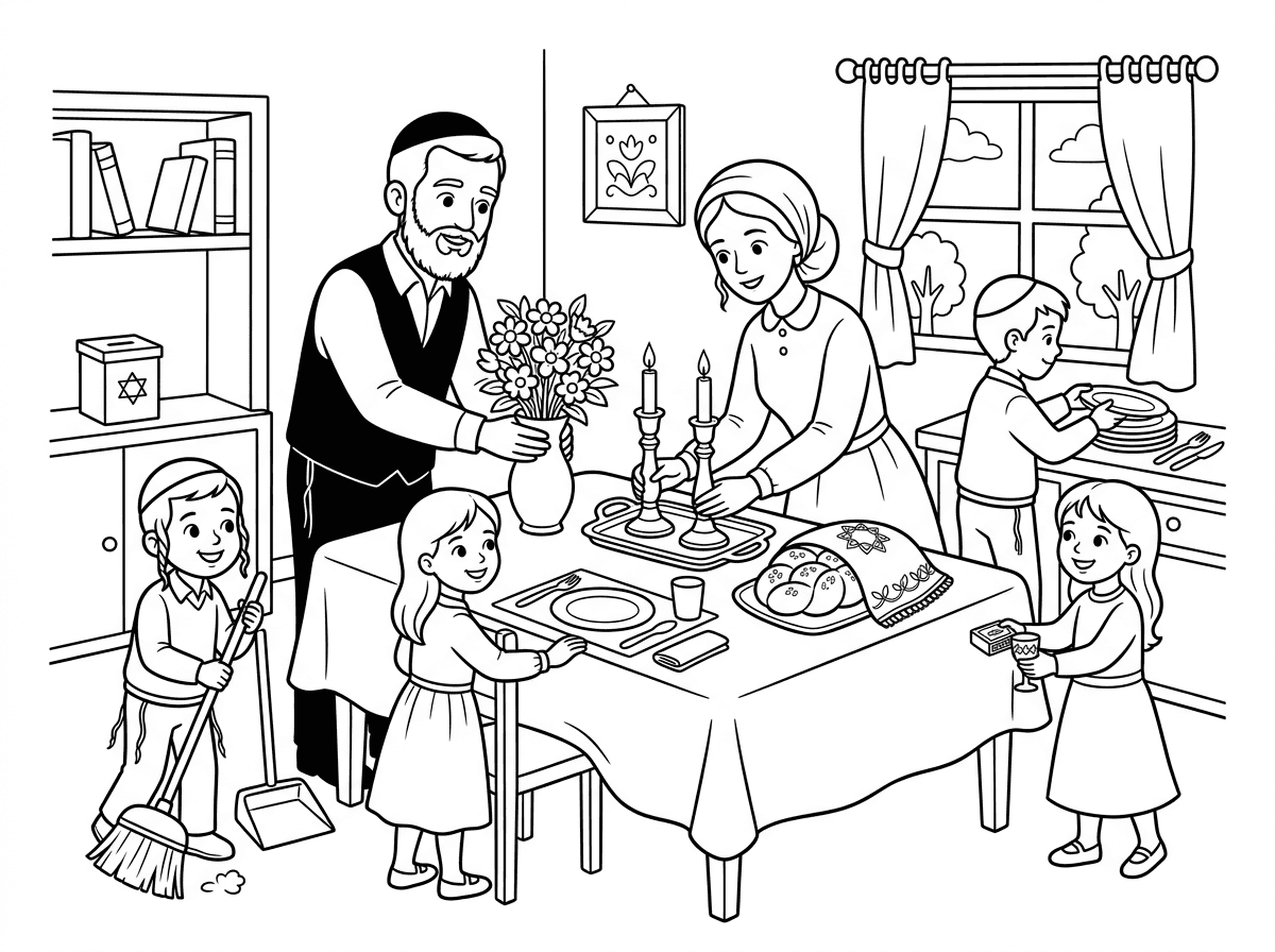 הי בבקשה תכין לי ציור של משפחה חרדית, אבא אמא 2 בנים ו2 בנות מתכוננים לשבת, עורכים שולחן, שוטפים רצפת , שמים פרחים על השולחן, נרות וילות, שיהיו הרבה פריטים בציור