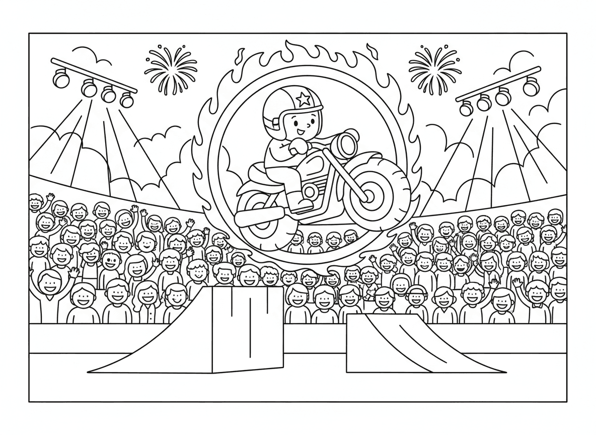 מופע פעלולי אופנועים - אופנוע עושה קפיצה מדהימה דרך טבעת אש, רוכב עם קסדה מגניבה, קהל משתולל, רמפה למטה, רמפת נחיתה מלפנים, זרקורים, זיקוקים, אצטדיון מלא אוהדים