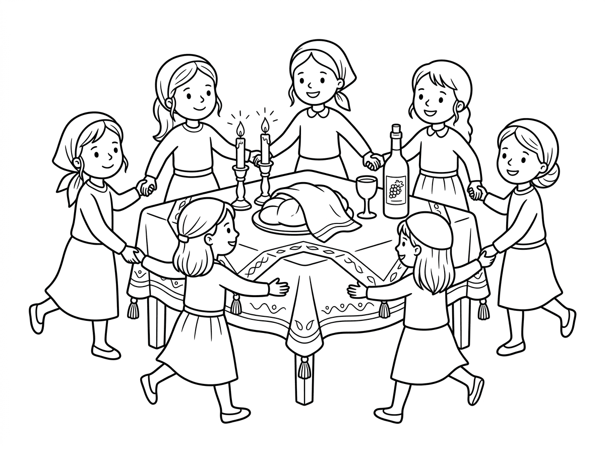 בבקשה לצייר ציור של ילדות  צנועות חרדיות רוקדות סביב שולחן שבת שעליו שתי נרות דולקים חלות מכוסות במפית גביע ובקבוק יין ומפה לבנה