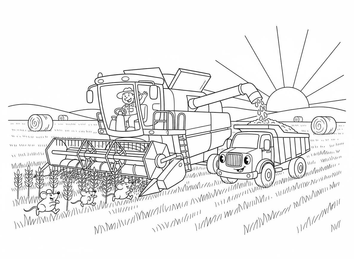 קומביין בשדה חיטה - קומביין גדול עובד בשדה חיטה זהוב, חותך חיטה, תבואה נשפכת למשאית לצד, חקלאי בתא, עכברים בורחים מהחיטה, שקיעה, חבילות חציר מפוזרות, שדה פתוח עצום