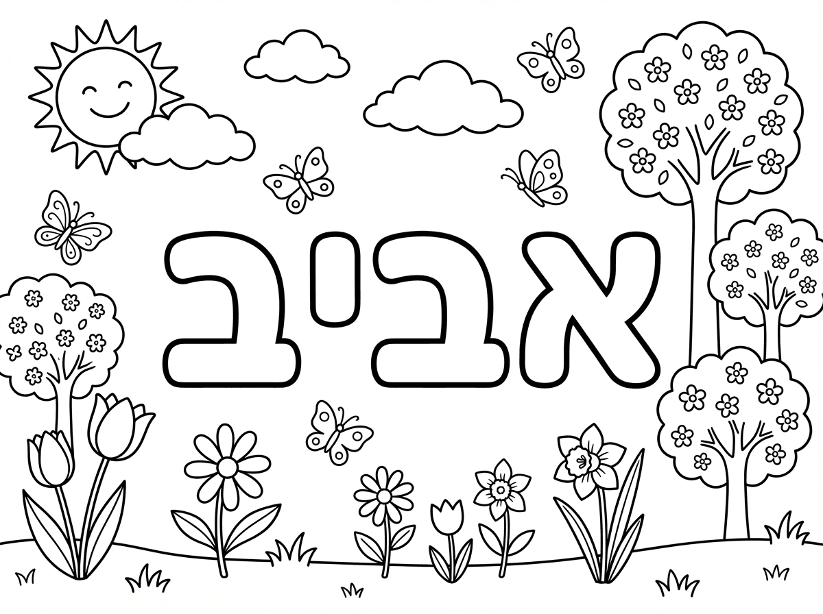 דף צביעה לכונת האביב
שיהיה רשום באותיות דפוס בלון " אביב" 
ומסביב: שמש, פרפרים, פרחי עונת האביב, עצים מלבלבים