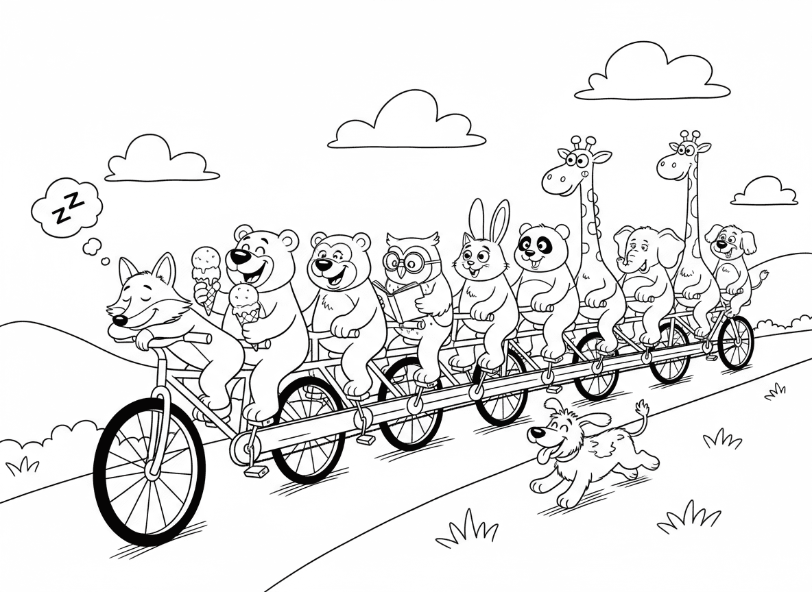 אופניים זוגיים בנויים לעשרה - אופניים זוגיים ארוכים בצורה מגוחכת עם עשרה מושבים, דמויות מצחיקות שונות רוכבות, אחד נרדם, אחד אוכל גלידה, אחד קורא ספר, אופניים מתנדנדים, כלב רץ לצד, כביש גבעות