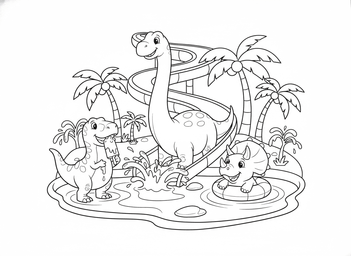 פארק מים לדינוזאורים
ברונטוזאור במגלשה, טריצרטופס עם גלגל ים, וטירקס שמנסה לאכול ארטיק בלי להפיל אותו.