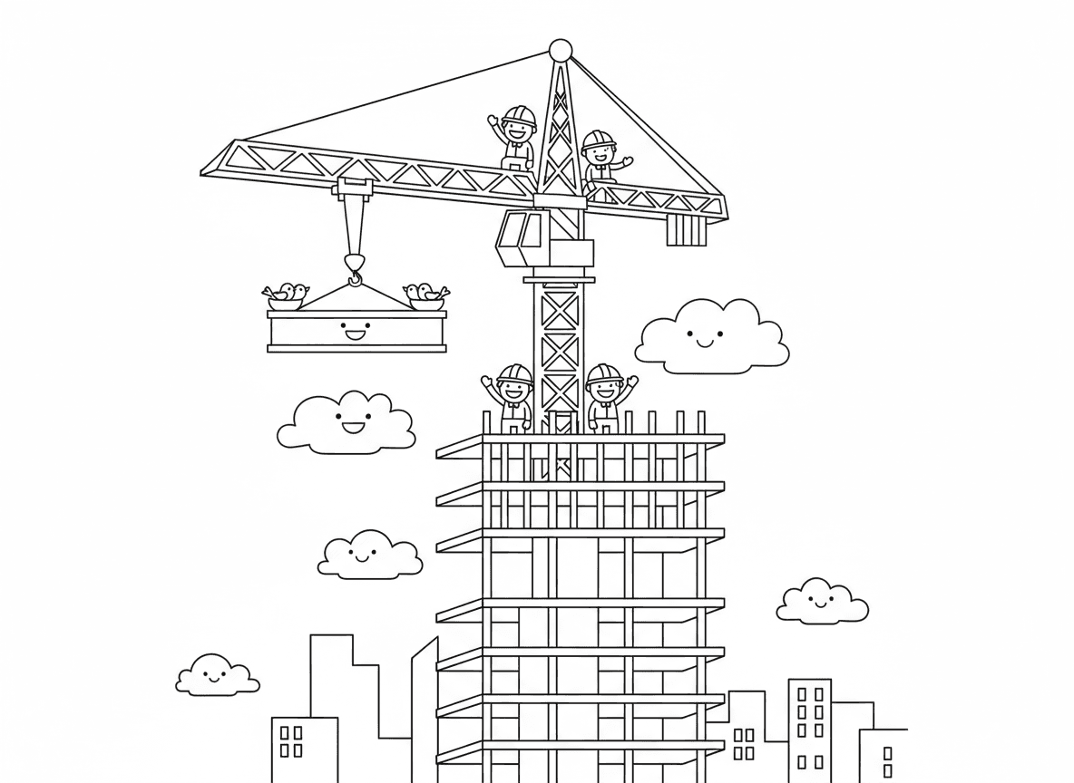 מנוף בונה גורד שחקים - מנוף בנייה גבוה מרים קורות פלדה לראש גורד שחקים הנבנה, פועלים על פיגומים, קו רקיע עירוני, עננים בגובה המנוף, ציפורים מקננות על זרוע המנוף, קסדות