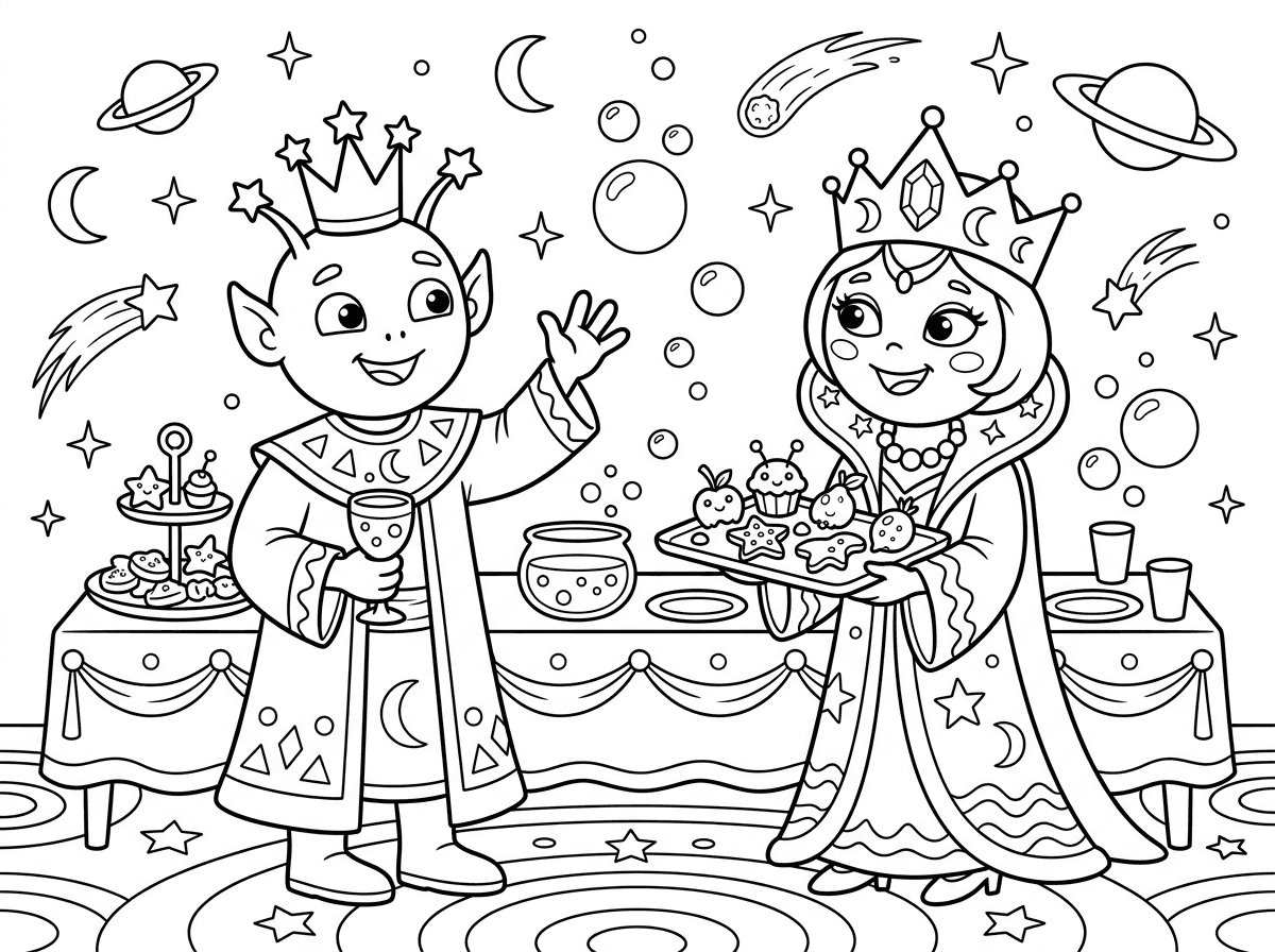 מלך החייזרים עושה מסיבה עם מלכת החייזרים בחלל. עם חטיפים, ובועות בכל מקום