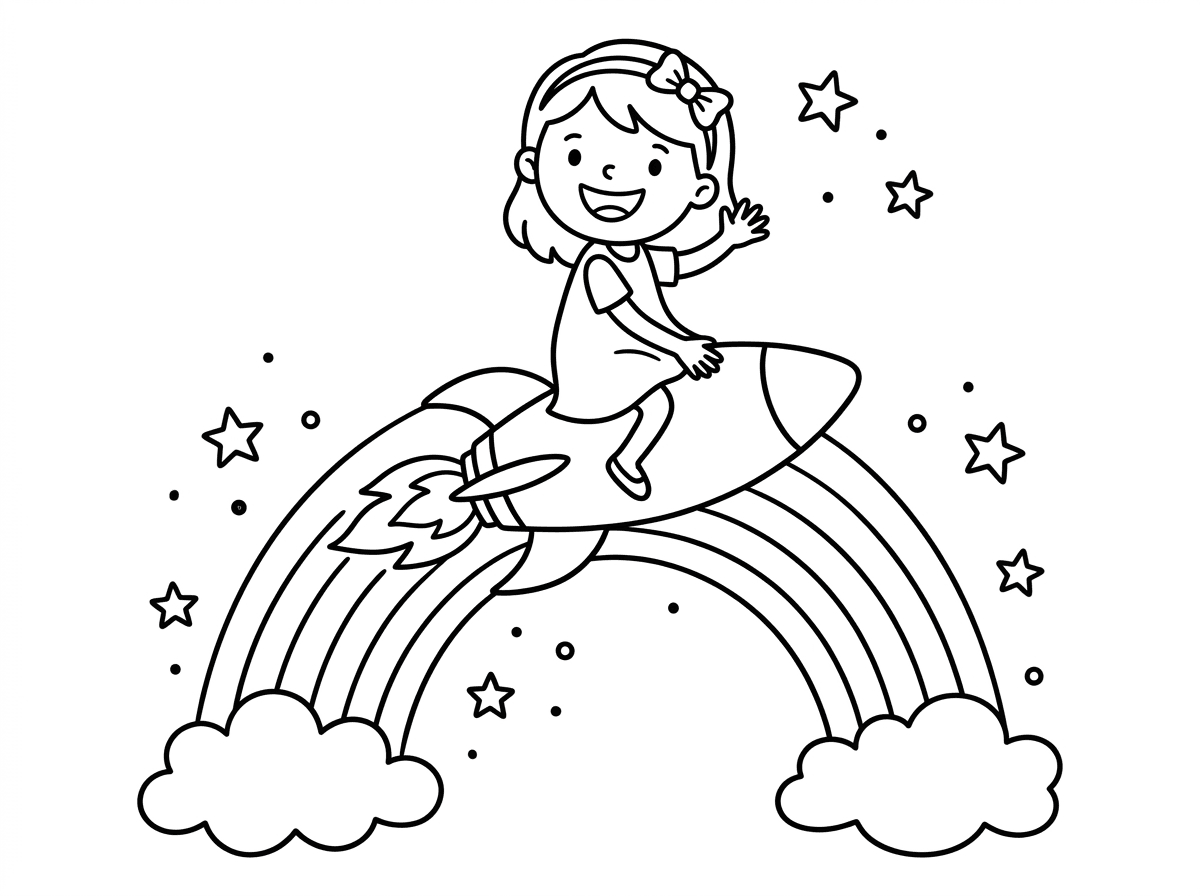 Make the rocket slightly bigger. And she should be riding on it down the rainbow.