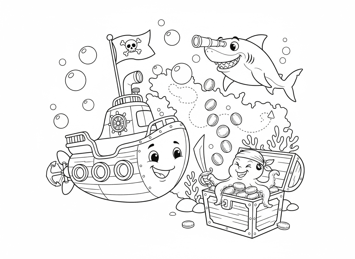 צוללת פיראטים בציד אוצרות תת-ימי - צוללת מקושטת כספינת פיראטים חוקרת מתחת למים, דגל גולגולת על פריסקופ, תיבת אוצר מזוהה, תמנון שומר, כריש תצפית, מפת שונית אלמוגים, מטבעות זהב צפים