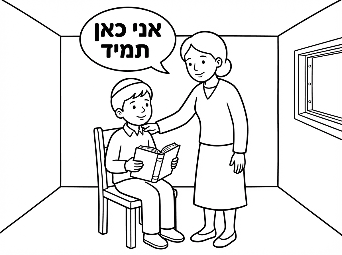 "היי, אפשר בבקשה דף צביעה לילד בן 3: ילד דתי יושב בממ"ד, מחזיק ספר תהילים פתוח, ואמא עומדת לידו, מניחה לו יד על הכתף. שיהיו קווים עבים ופשוטים, בלי טילים/נשק/אזעקות ובלי חיות – רק ילד, אמא, כיסא וספר. שהפנים שלהם ייראו רגועים ושמורים, ובבועת קומיקס מהאמא יהיה כתוב: *'אני כאן תמיד'*