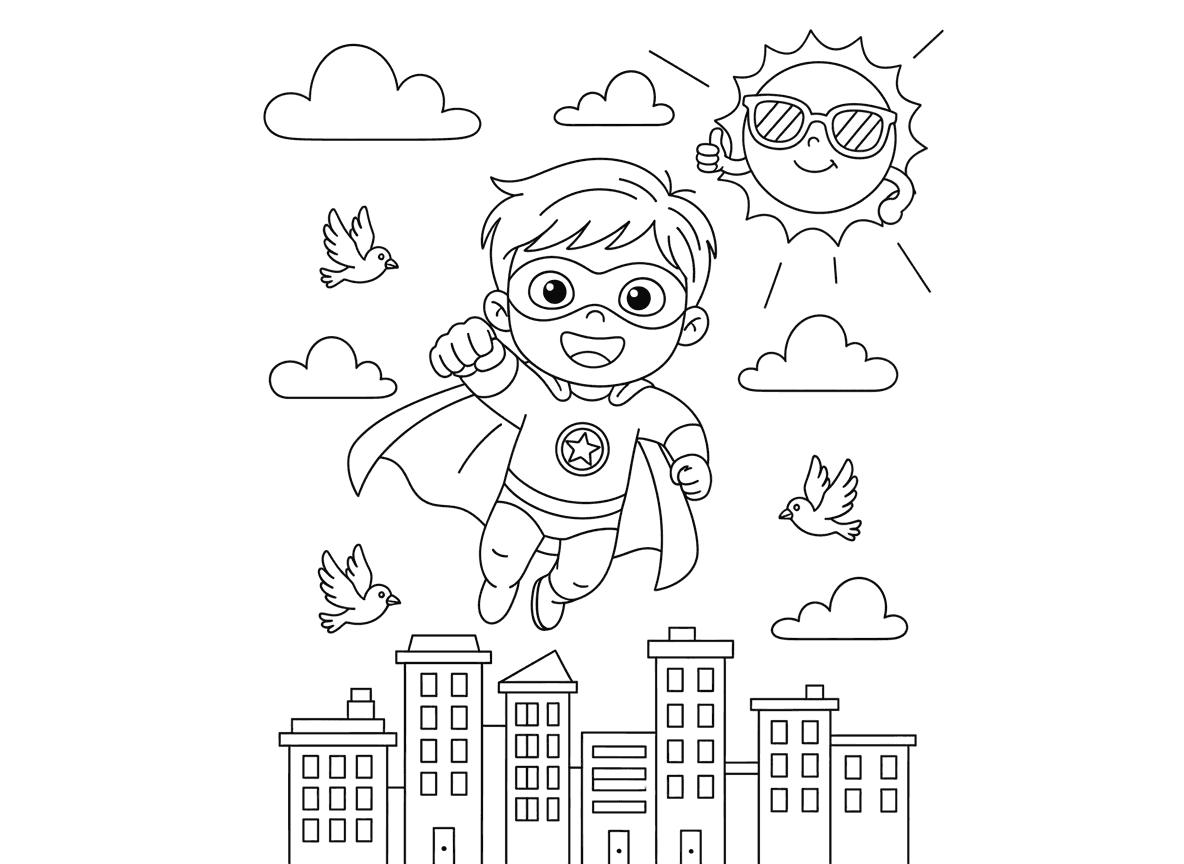 ילד גיבור על עף מעל העיר - ילד גיבור על צעיר עם גלימה ומסכה עף מעל עיר מצוירת, אגרוף קדימה, חיוך גדול, בניינים למטה, עננים מסביב, ציפורים עפות לצד, שמש עם משקפי שמש מעודדת