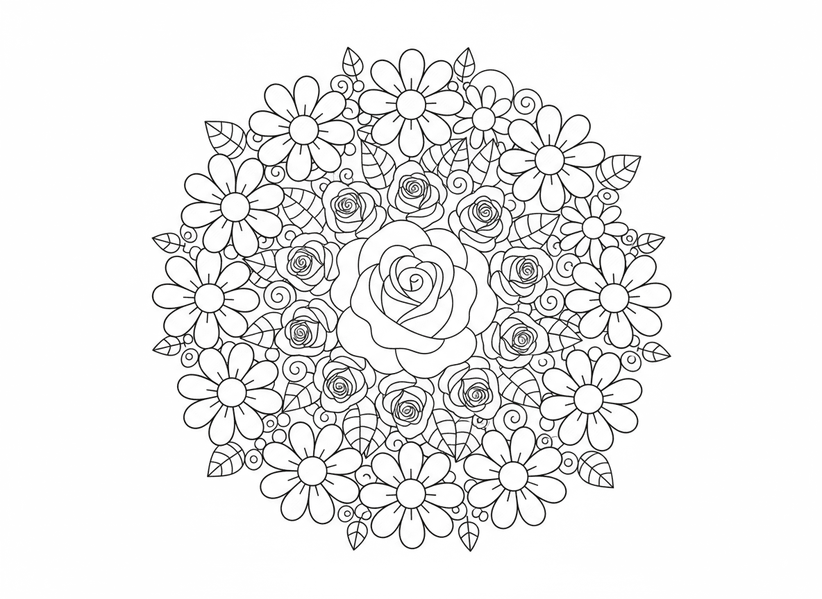 מנדלת פרחים עם ורדים וחינניות - דוגמת מנדלה עגולה עשויה ורדים במרכז מוקפת בטבעות חינניות, עלי כותרת מקרינים החוצה בשכבות סימטריות, עלים ממלאים רווחים, רמת פירוט מורכבת אך ידידותית לילדים