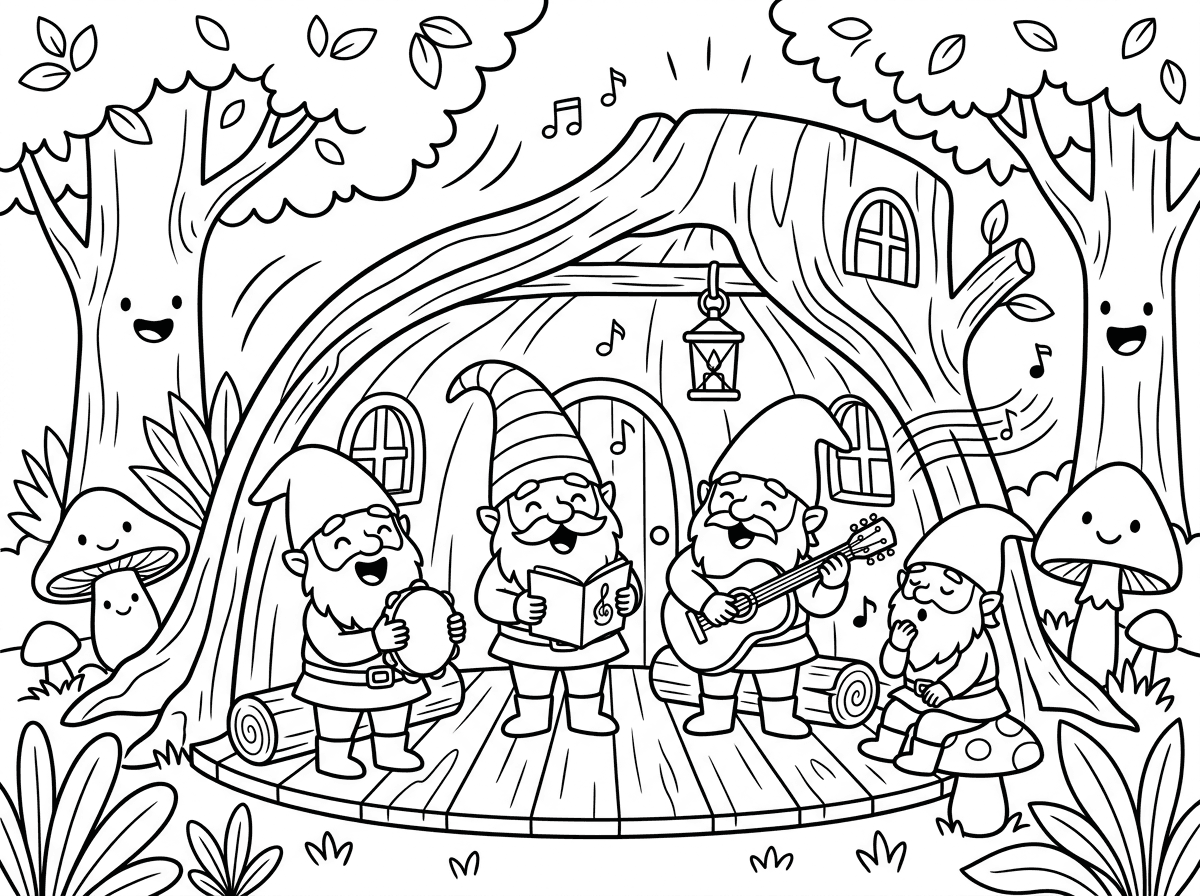 צייר לי דף צביעה שבו רואים גמדים במקלט שרים שיר