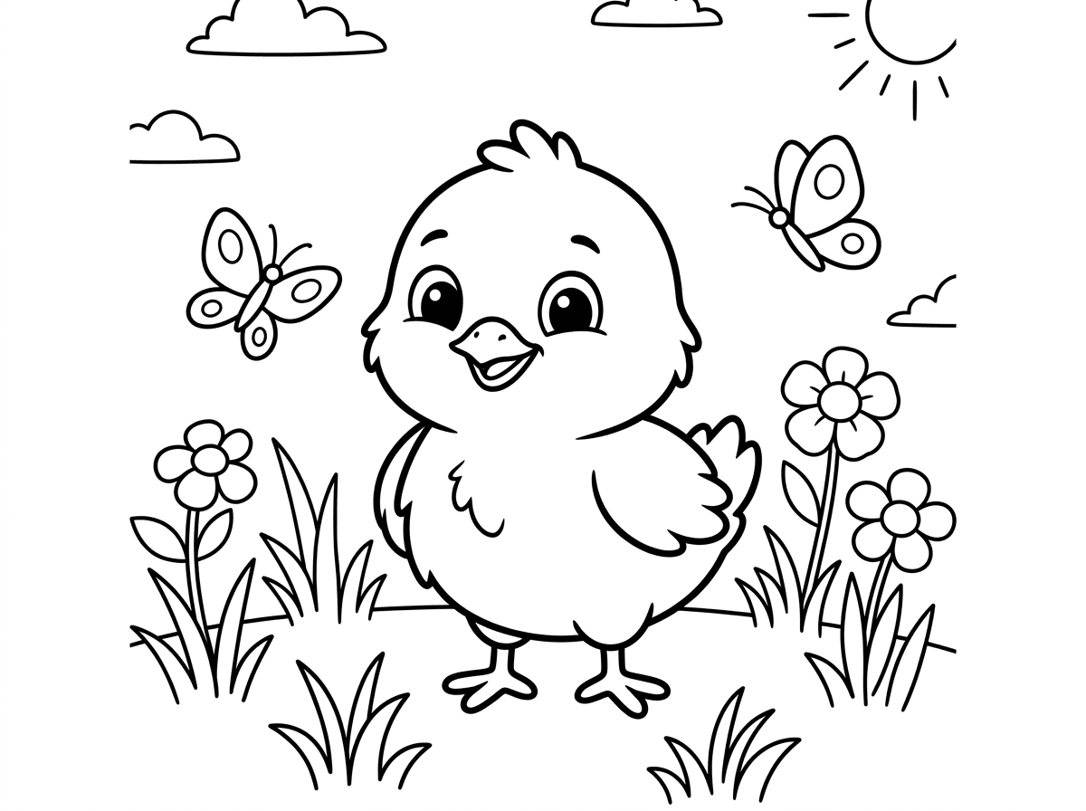 אפרוח עם דשא ופרחים ופרפרים