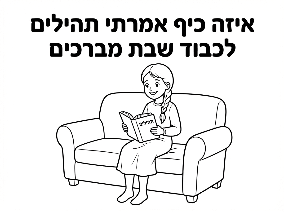 ילדה קטנה עם תסרוקת עם צמא
עם שמלה של שבת ארוכה שמכסה ברך ומרפק
וגרביונים

יושבת על הספה בסלון 
עם ספר תהילים

וכתוב:

איזה כיף אמרתי תהילים לכבוד שבת מברכים