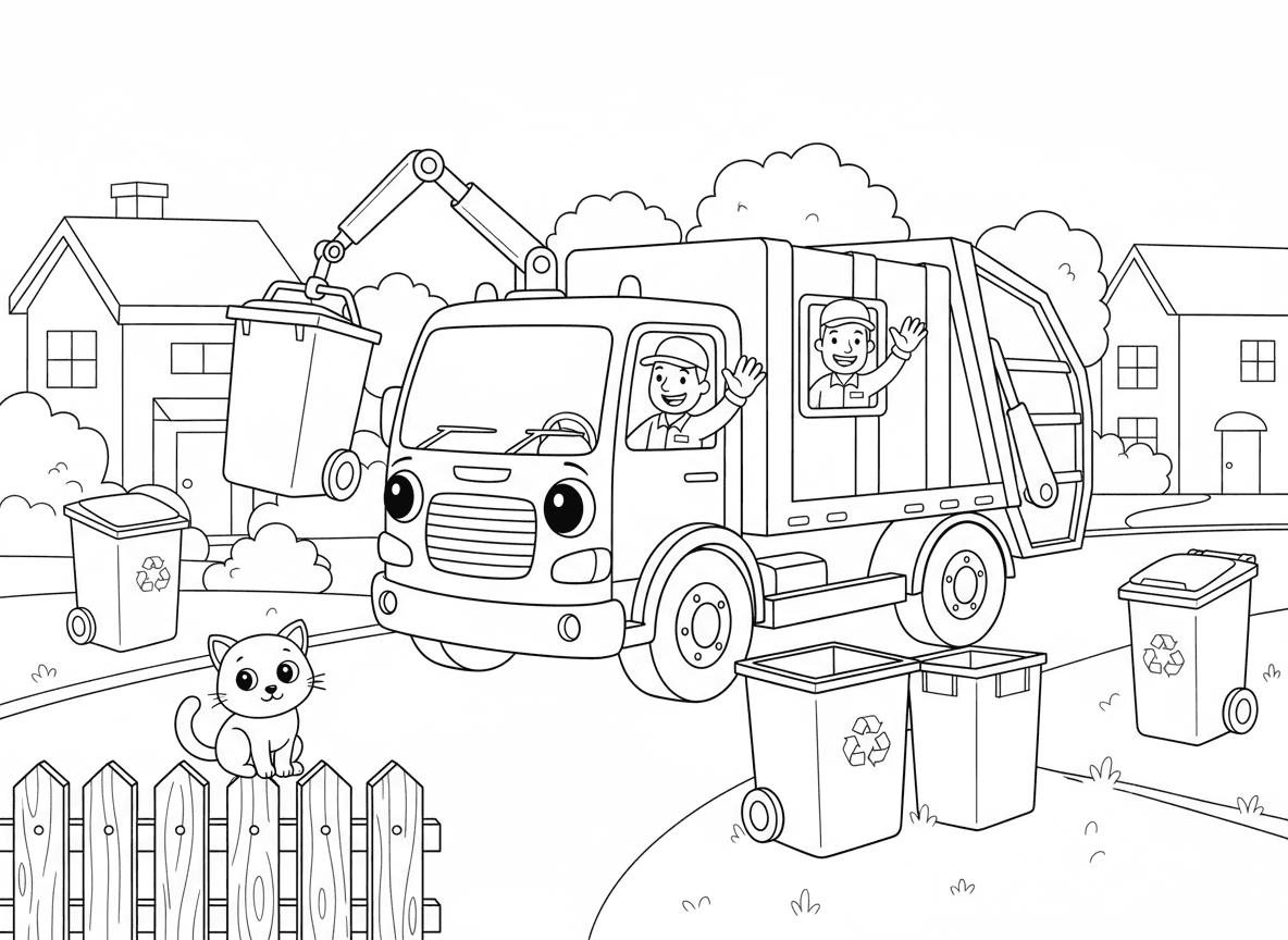 משאית זבל במסלול הבוקר - משאית זבל ידידותית עם פרצוף מחייך במסלול האיסוף הבוקר, זרוע מכנית תופסת פח, עובדי תברואה מנופפים, פחי מיחזור בצבעים שונים, רחוב שכונה, חתול צופה מגדר
פחים לא צבועים