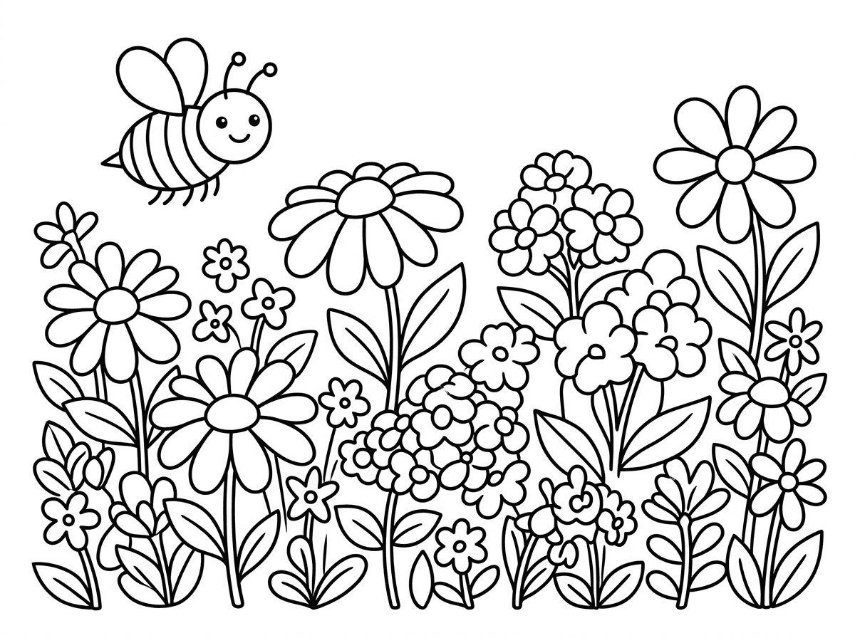 צייר תמונה של דבורה בפינה אחת ושדה מלא פרחים שונים בכל הדף