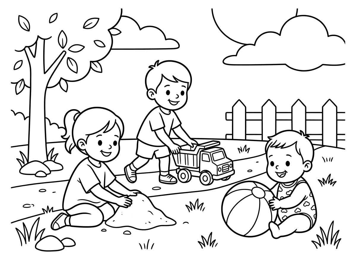 תיצור לי דף צביעה של שני ילד בן 3 וילד בן שנה וחצי וילדה בת שנתיים צנועים מחייכים ומשחקים בחצר